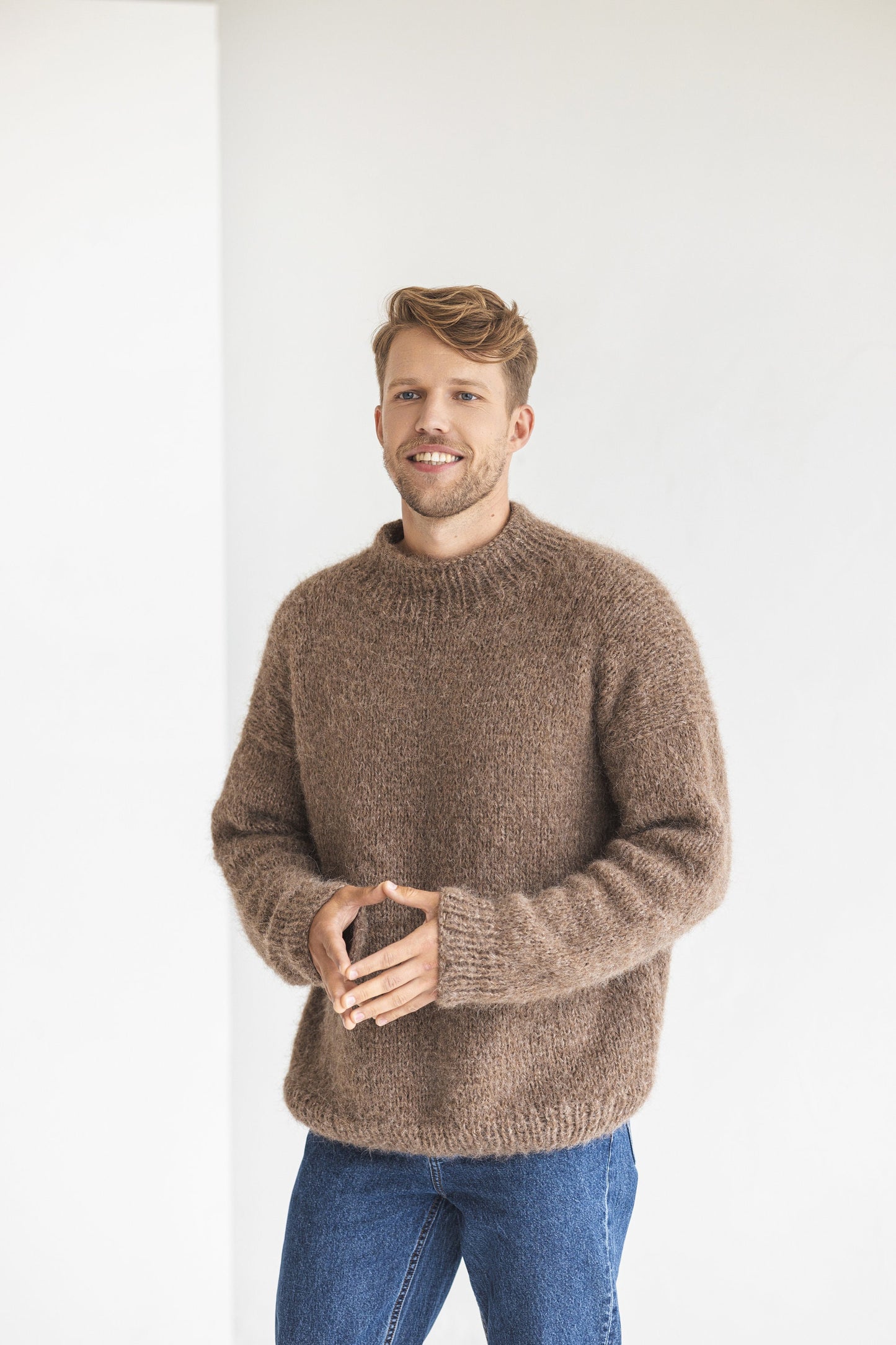Men&#39;s knitted brown alpaca wool sweater, camel cable knit jumper for man, beige minimalist men pullover, gift for him, hand made winter pull