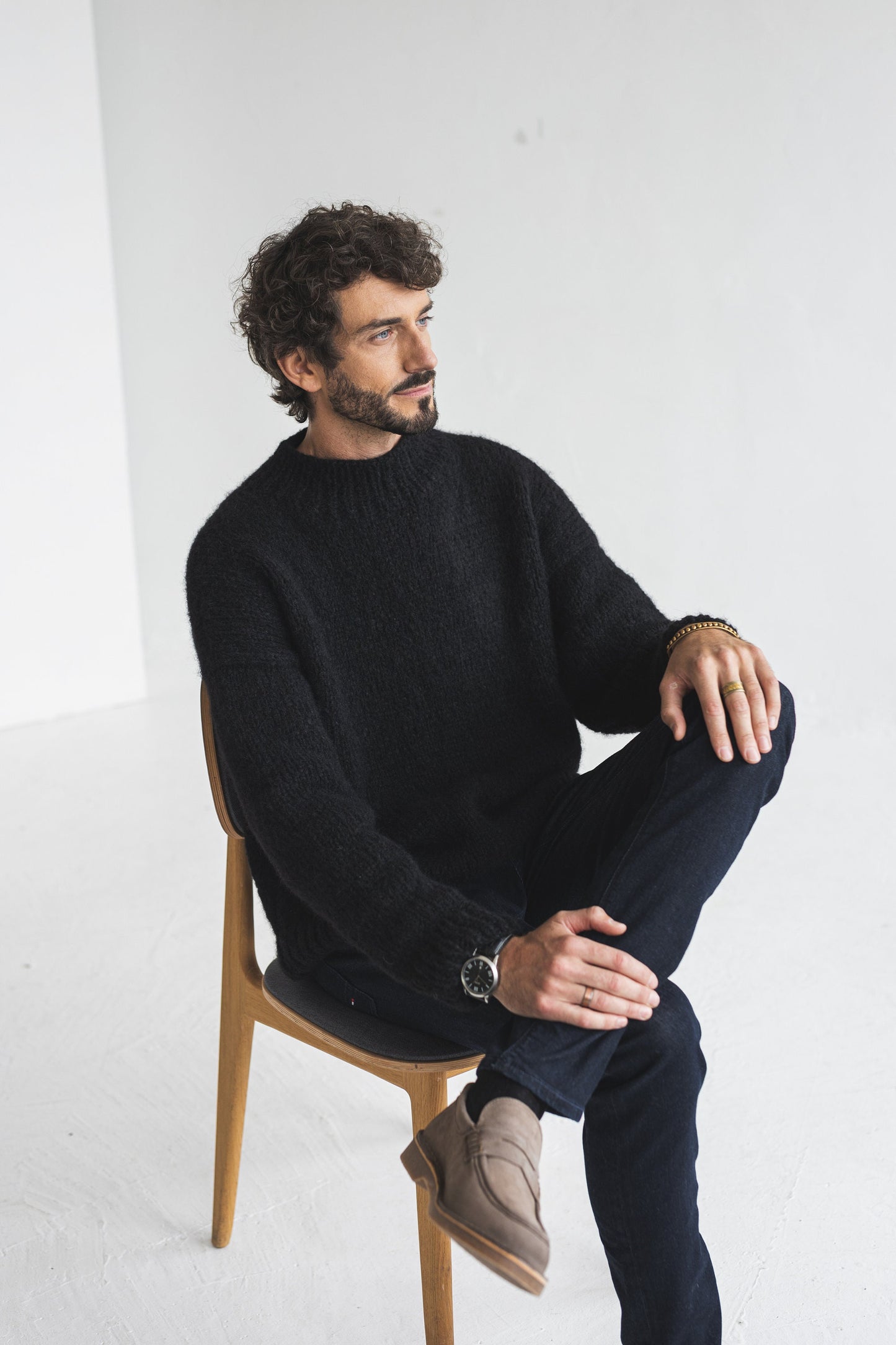 Men&#39;s knitted black alpaca wool sweater, camel cable knit jumper for man, minimalist men pullover, gift for him, hand made thick winter pull