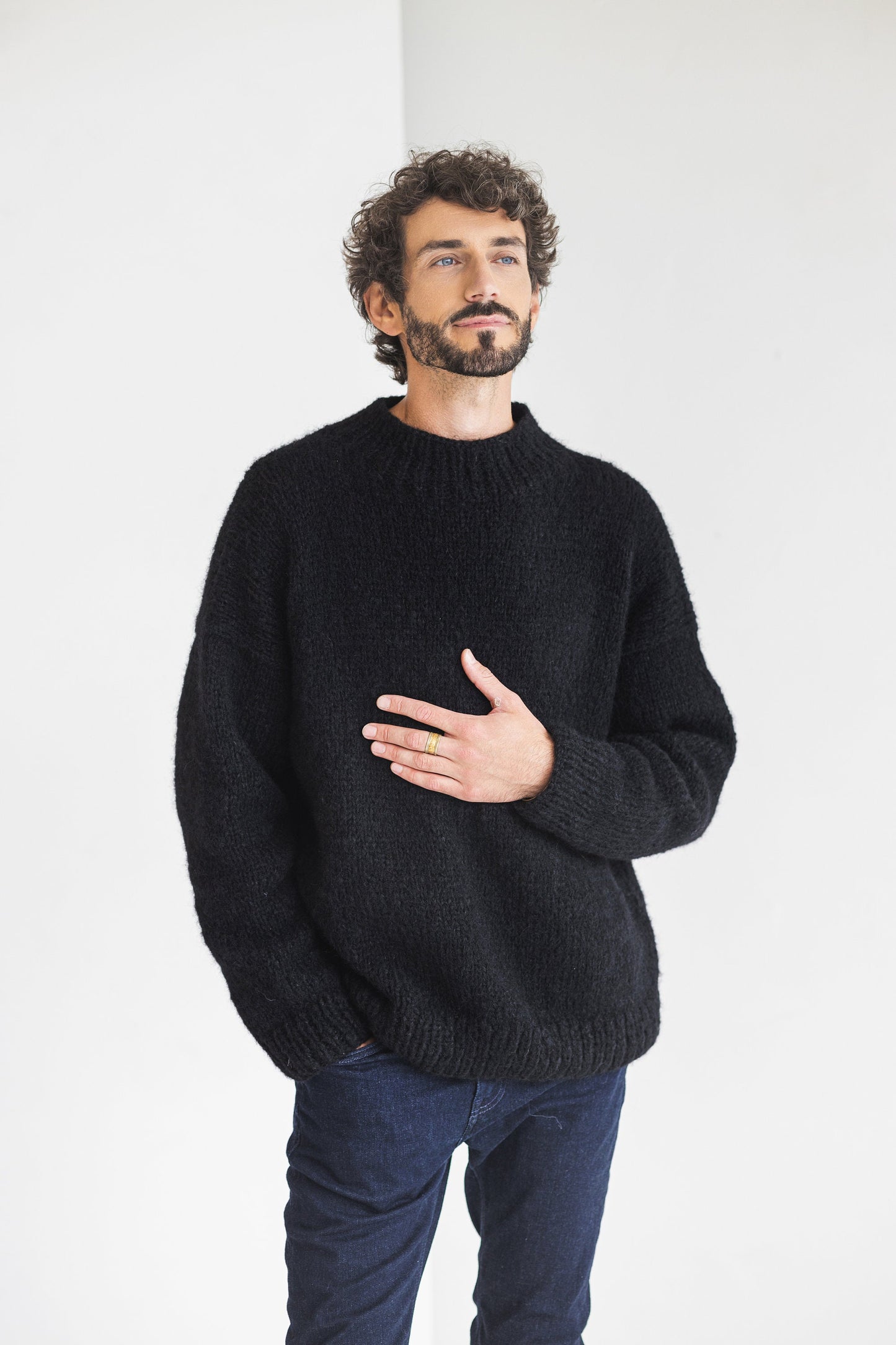 Men&#39;s knitted black alpaca wool sweater, camel cable knit jumper for man, minimalist men pullover, gift for him, hand made thick winter pull