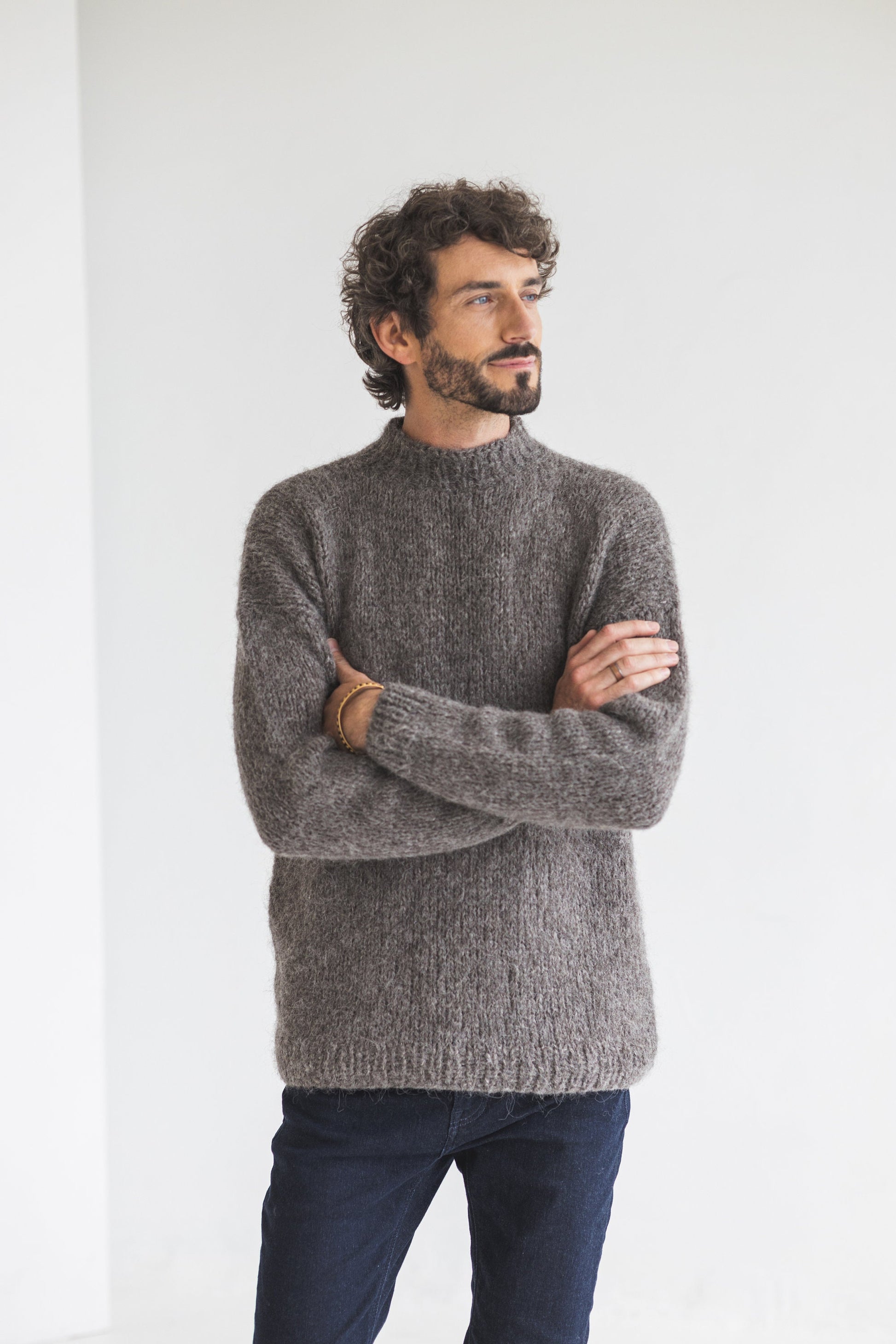 Men&#39;s knitted gray alpaca wool sweater, grey cable knit jumper for man, minimalist men pullover, gift for him, hand made thick winter pull