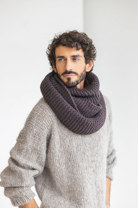 Chocolate brown super chunky knit alpaca wool men&#39;s cowl scarf, infinity loop cable knitted neck warmer for man, handmade scarves for men