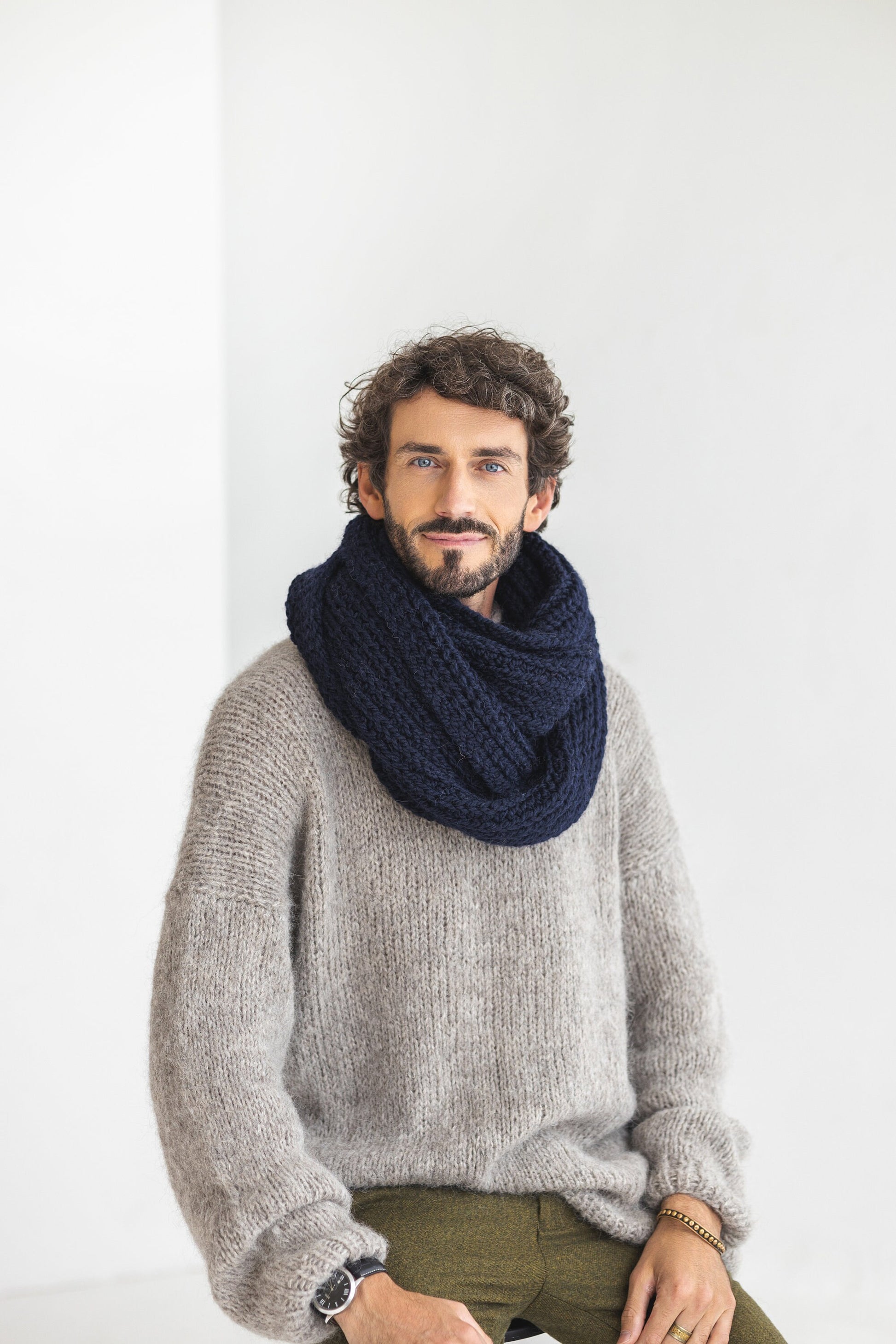 Navy blue super chunky knit alpaca wool men&#39;s cowl scarf, infinity loop cable knitted neck warmer for man, dark blue scarves for men, gift