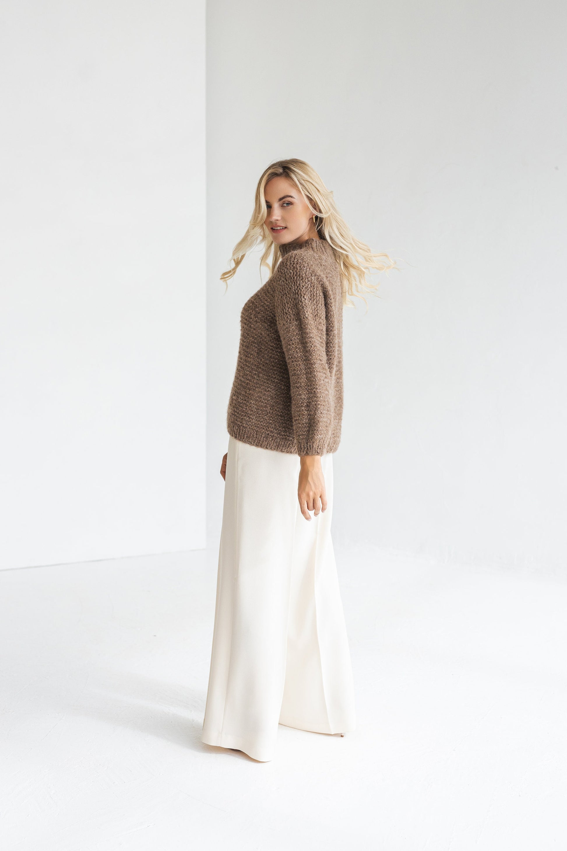 Camel brown cable knit alpaca wool sweater, pastel beige chunky knitted thick pullover, taupe oversized jumper, nude handmade, gift for her