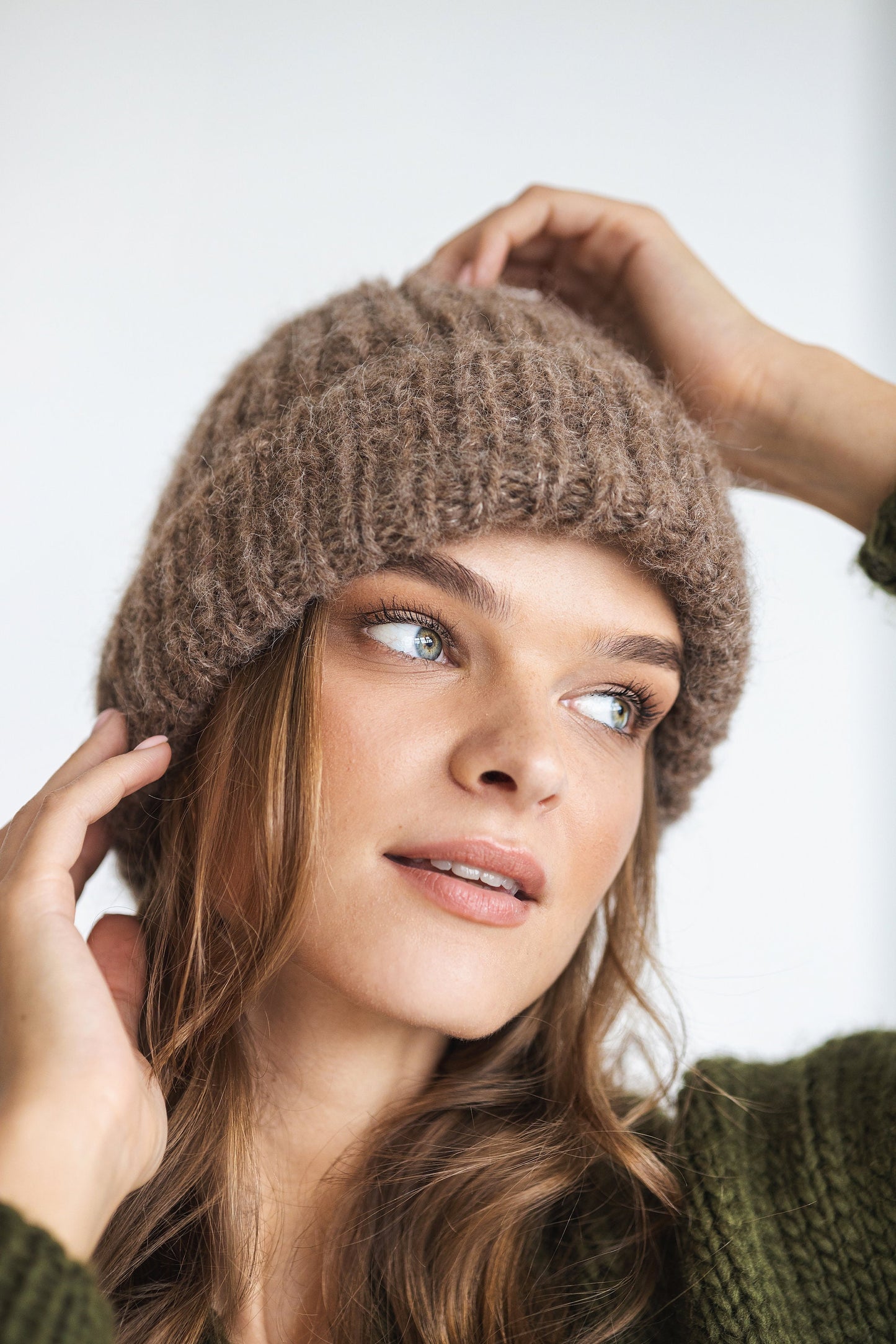 Brown ribbed alpaca beanie, beige women knitted hat, camel winter cable knit beanie, fisherman wool cap, gift for women, unisex skull beanie