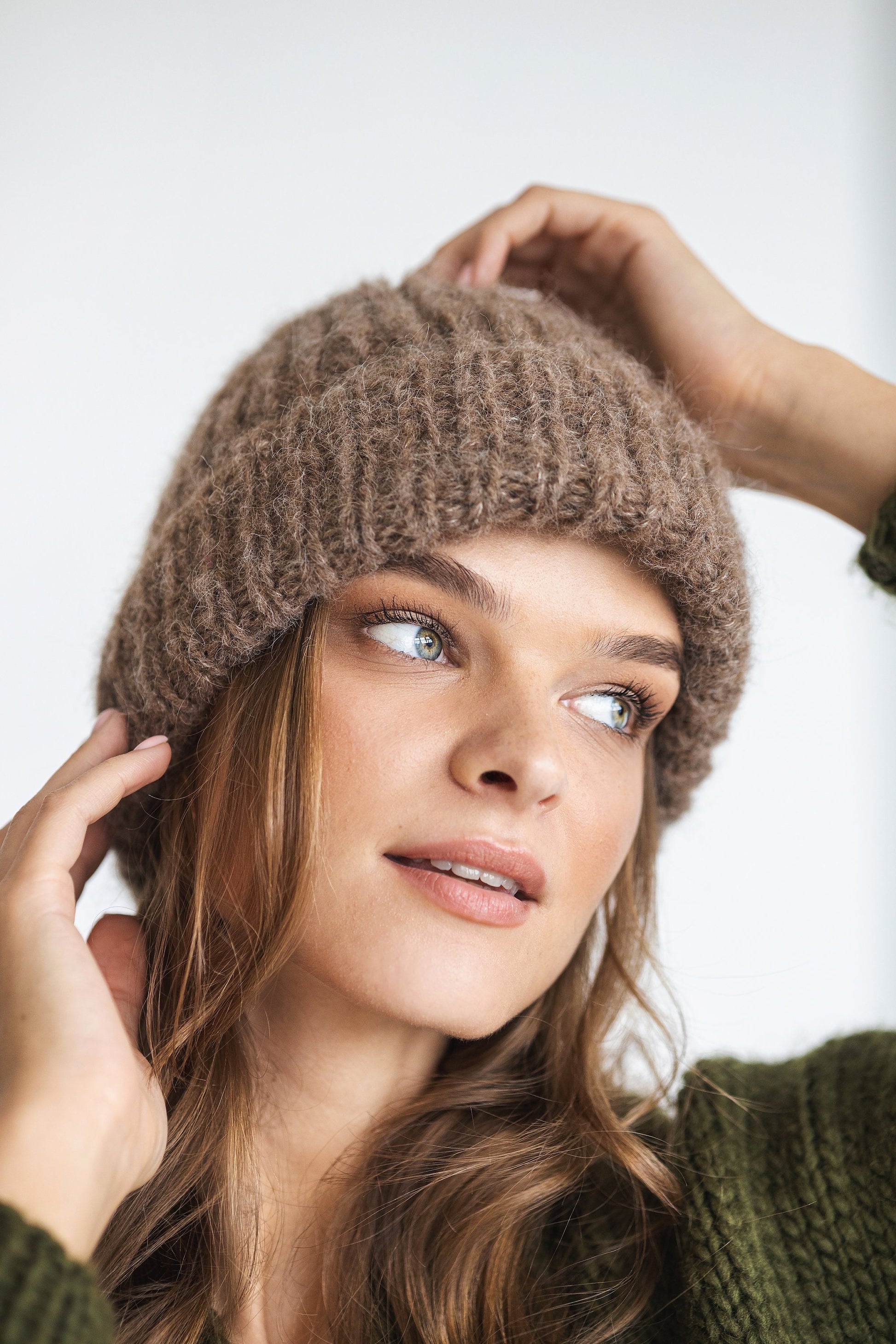 Brown ribbed alpaca beanie, beige women knitted hat, camel winter cable knit beanie, fisherman wool cap, gift for women, unisex skull beanie