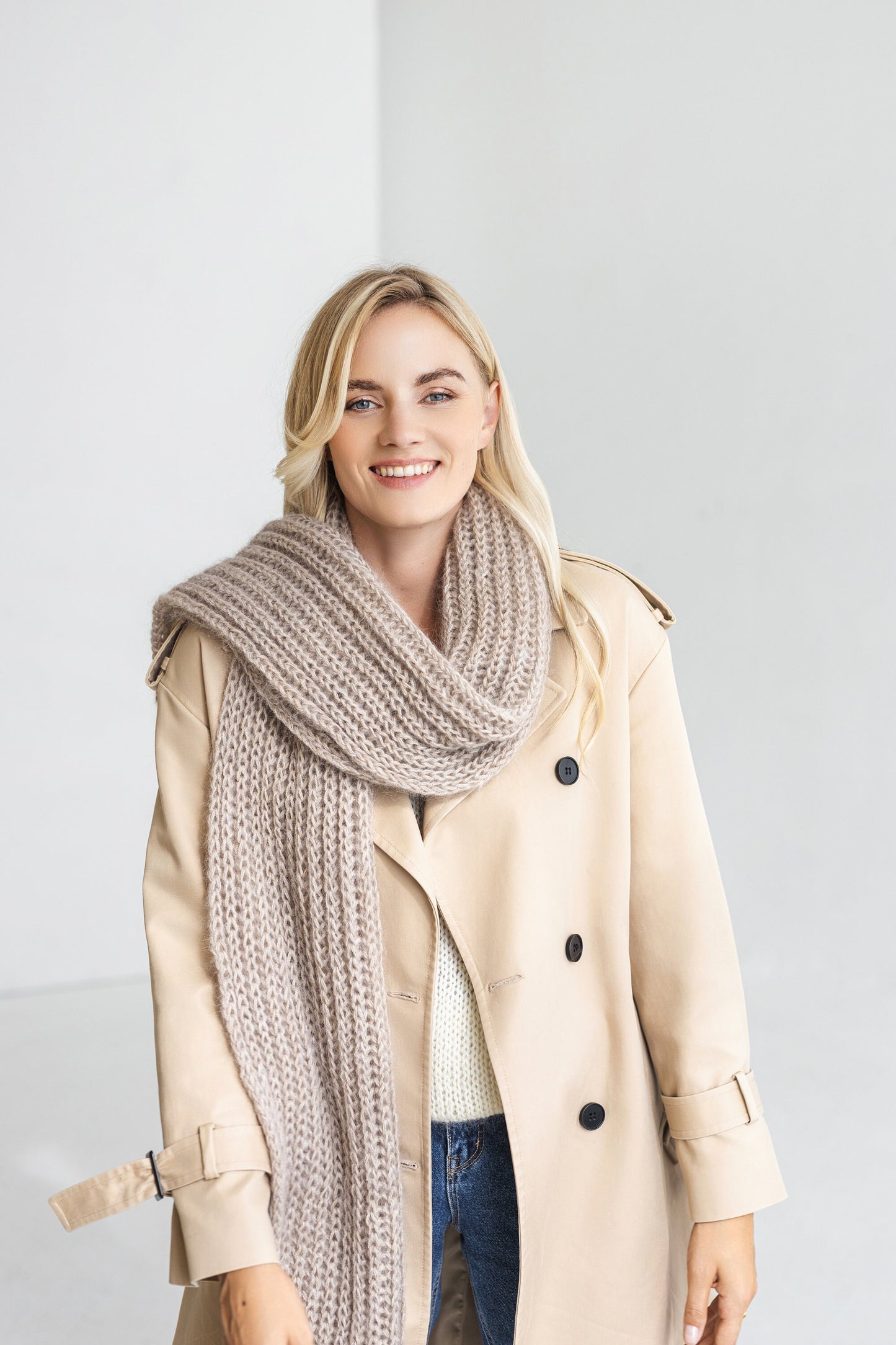 Beige camel knitted mohair scarf