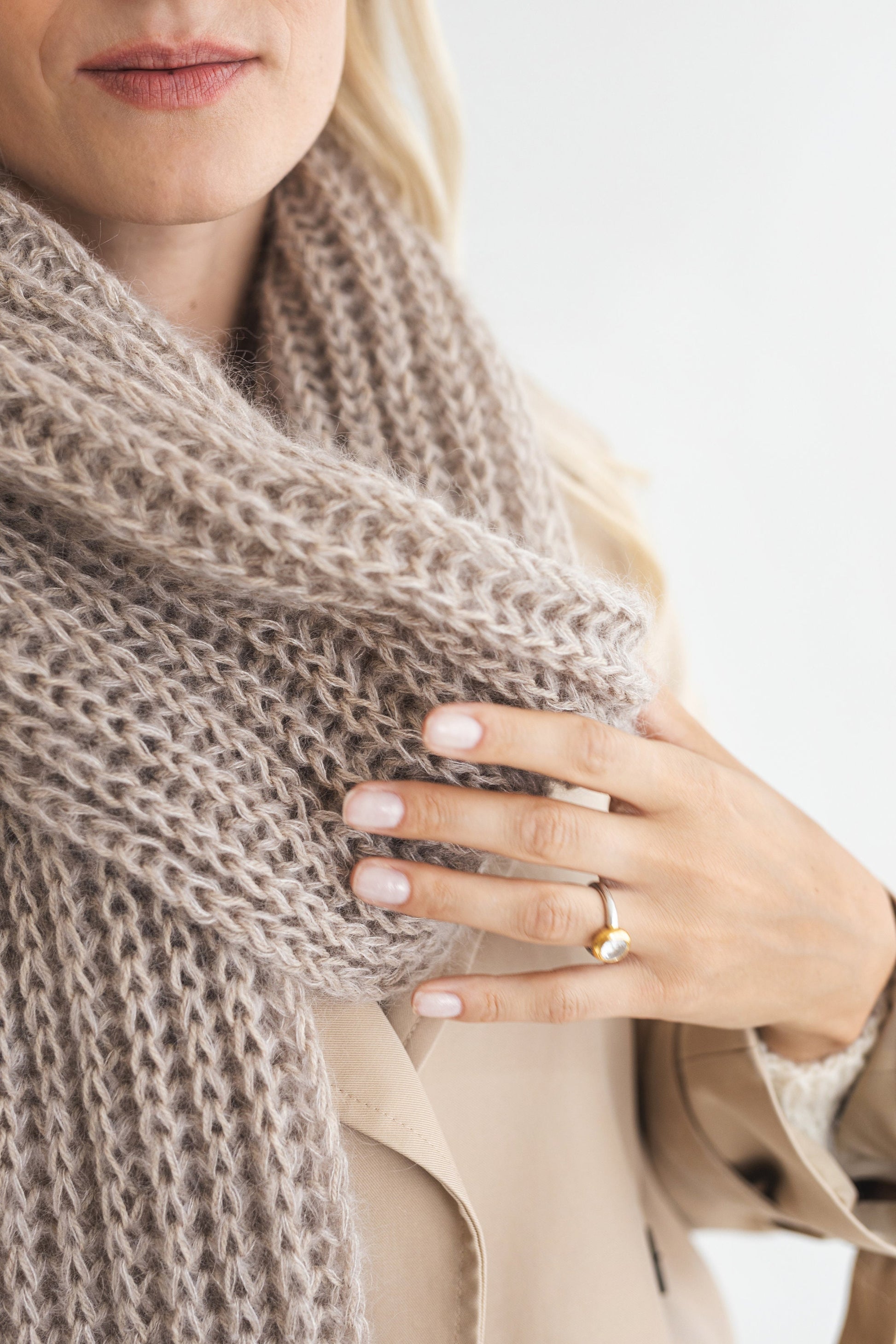 Beige camel knitted mohair scarf