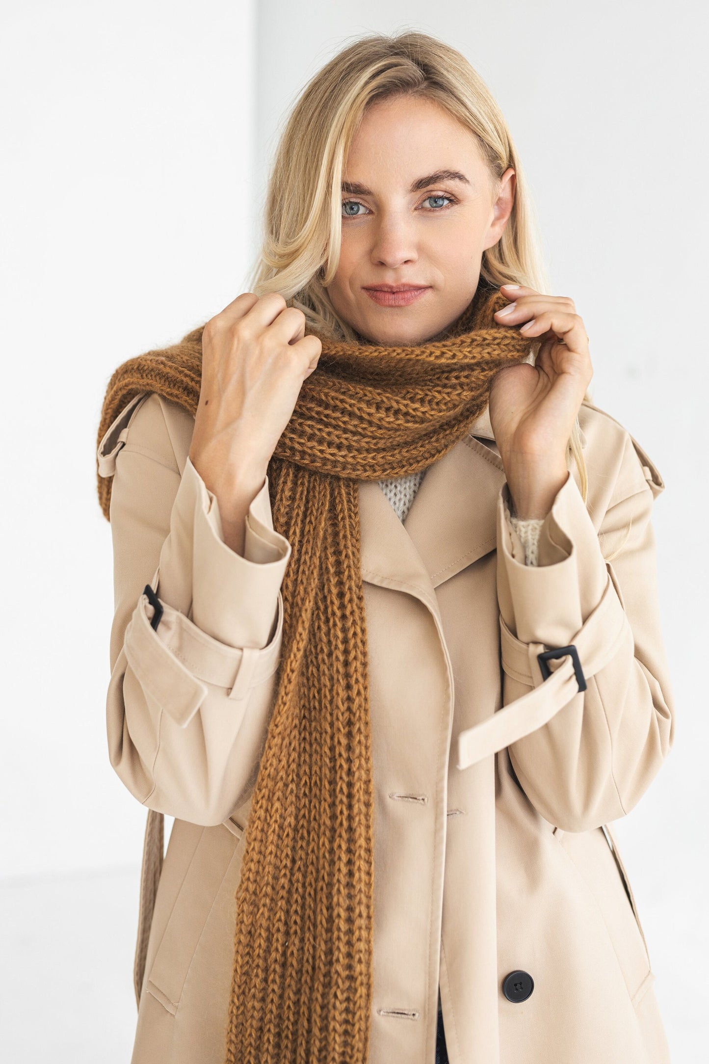 Beige brown knitted mohair scarf