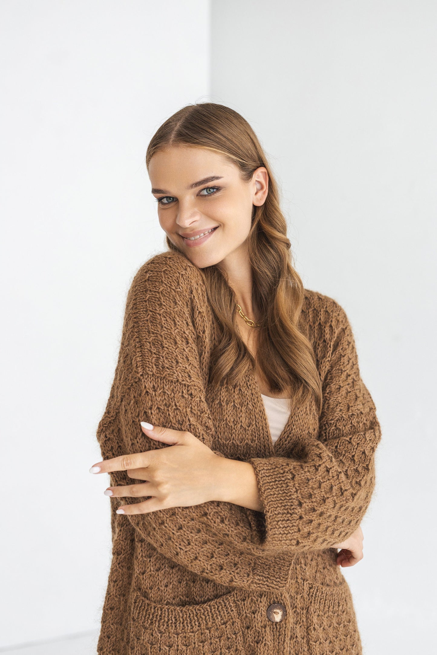 Beige brown mohair cardigan with pockets
