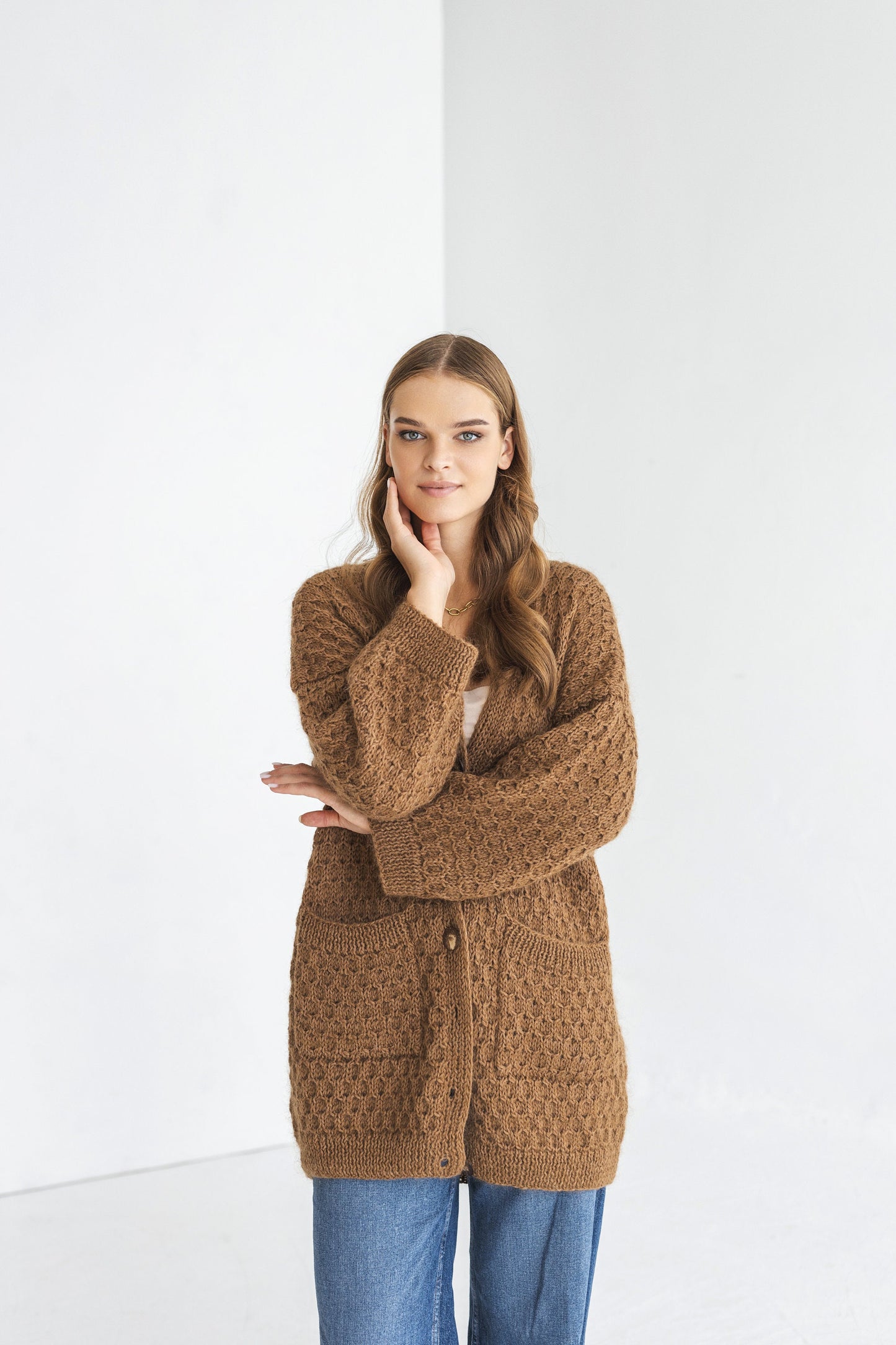 Beige brown mohair cardigan with pockets