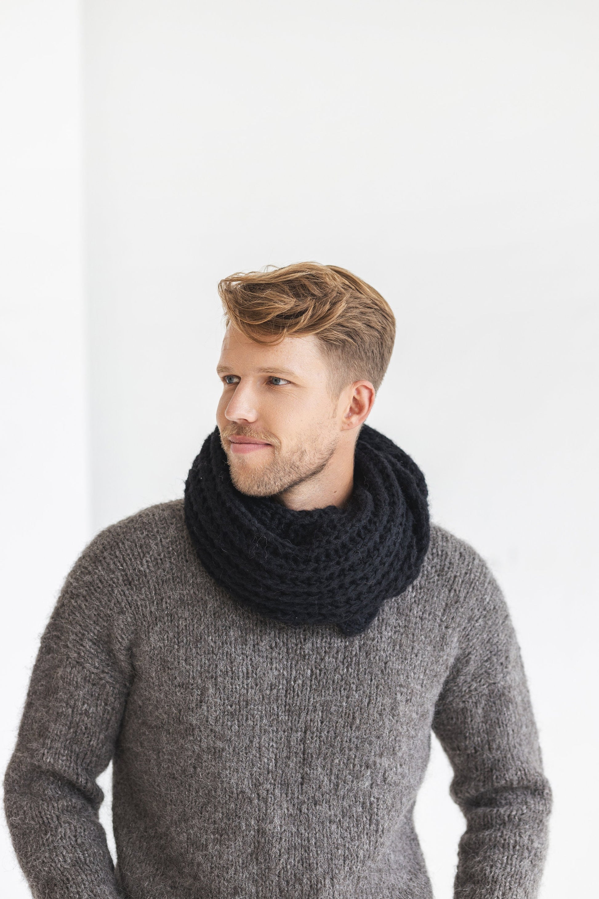 Black cable knit alpaca wool mens scarf, oversized alpaca neck warmer for man, handmade ribbed chunky knitted winter scarves for men, gift