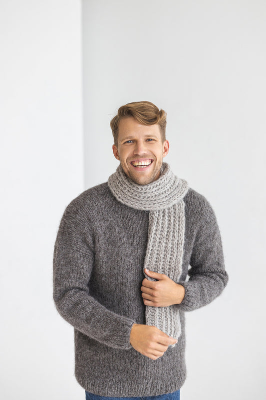 Gray cable knit alpaca wool mens scarf, grey oversized alpaca scarf for man, ribbed chunky knitted winter scarves, handmade fall neck warmer