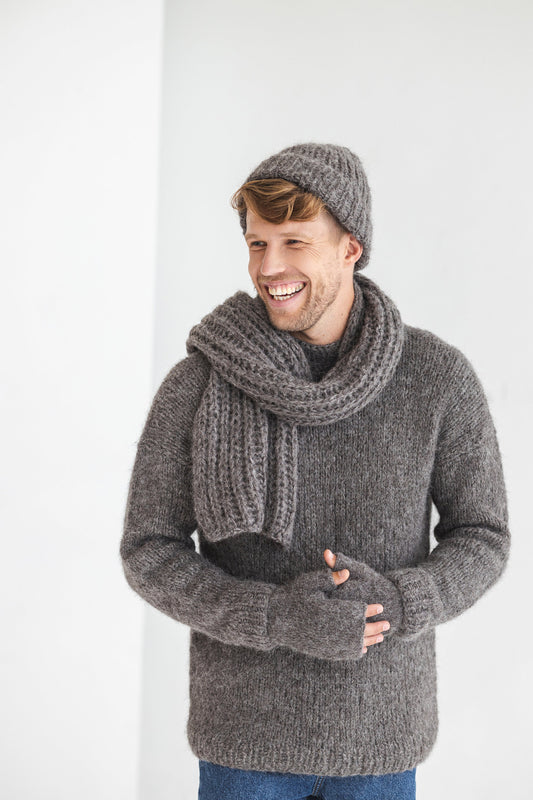 Gray knitted fingerless mens mittens, scarf and hat set, grey cable knit alpaca wool gloves, beanie, neck warmer set, hand made gift for man