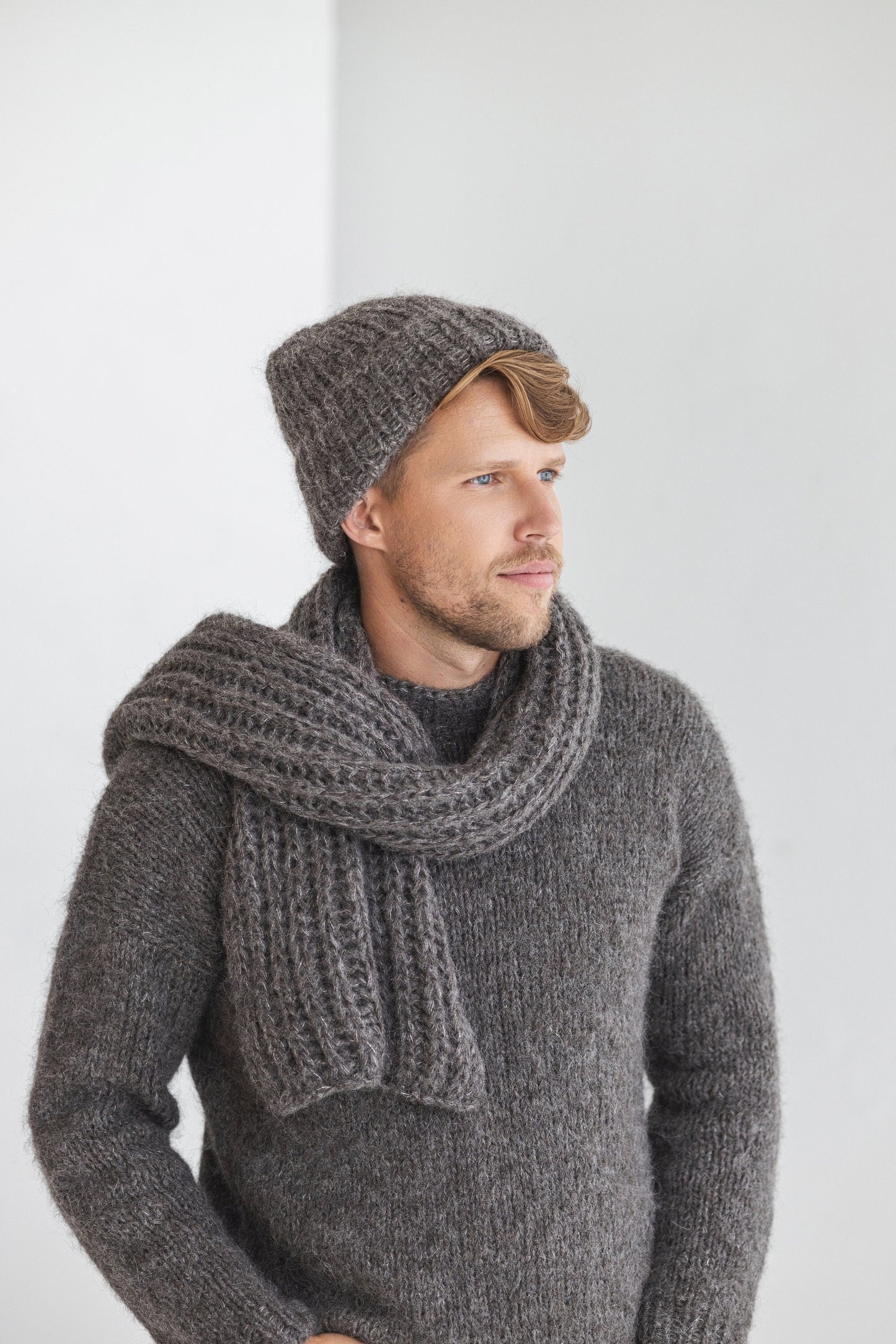 Gray knitted mens scarf and hat set, grey cable knit alpaca wool beanie and  neck warmer set, hand made gift for man, chunky knit ribbed cap