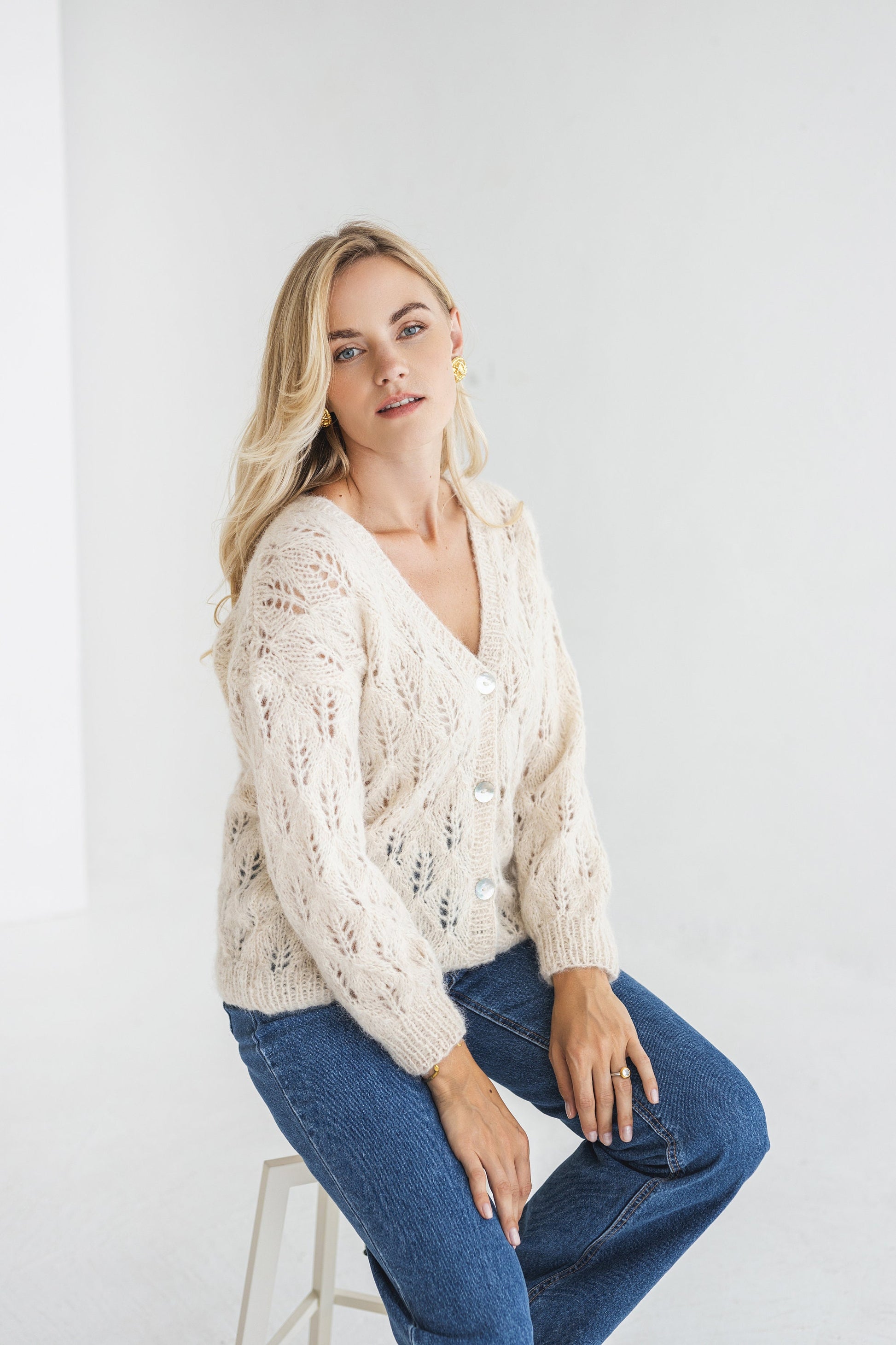 White see-through knitted alpaca cardigan