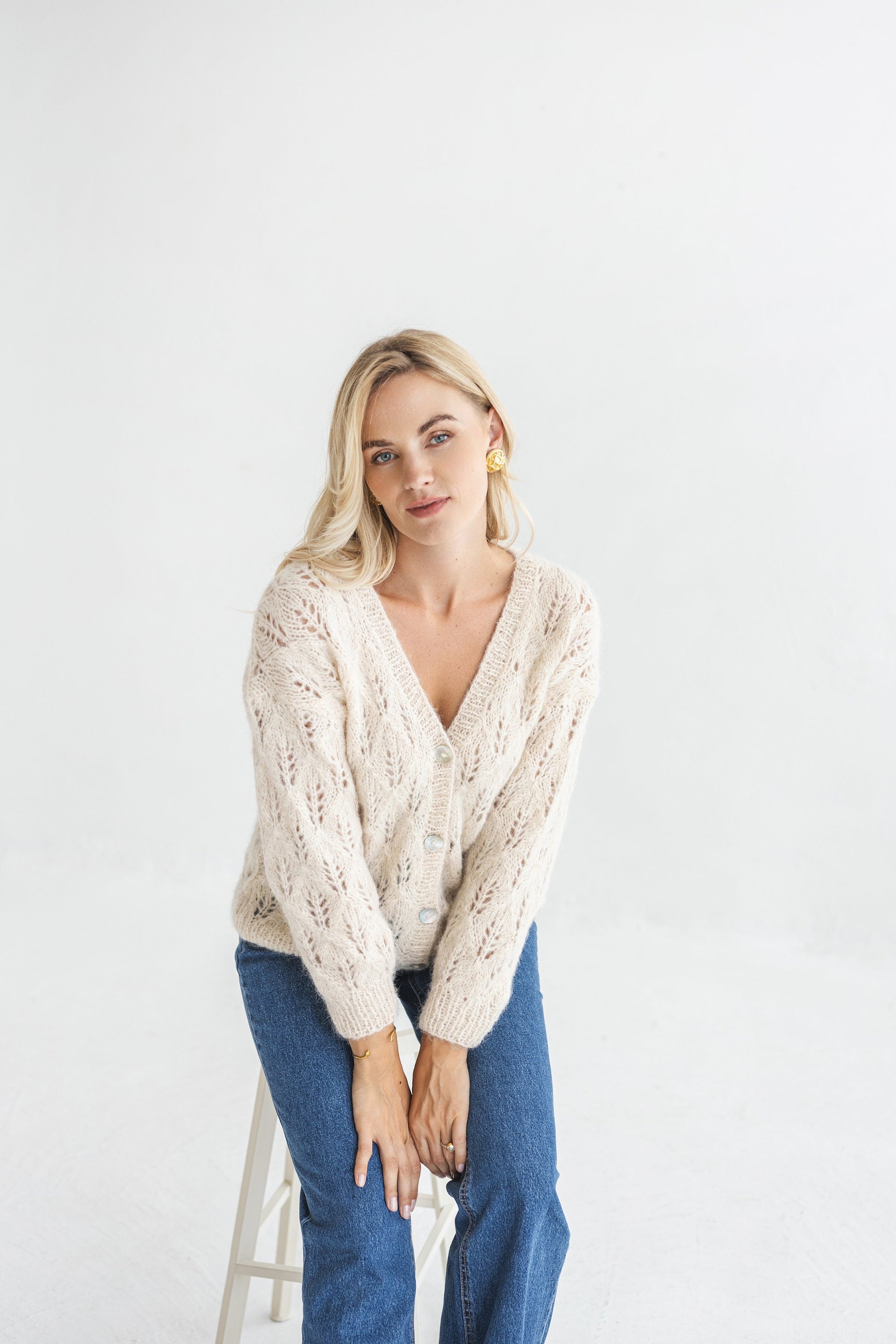White see-through knitted alpaca cardigan