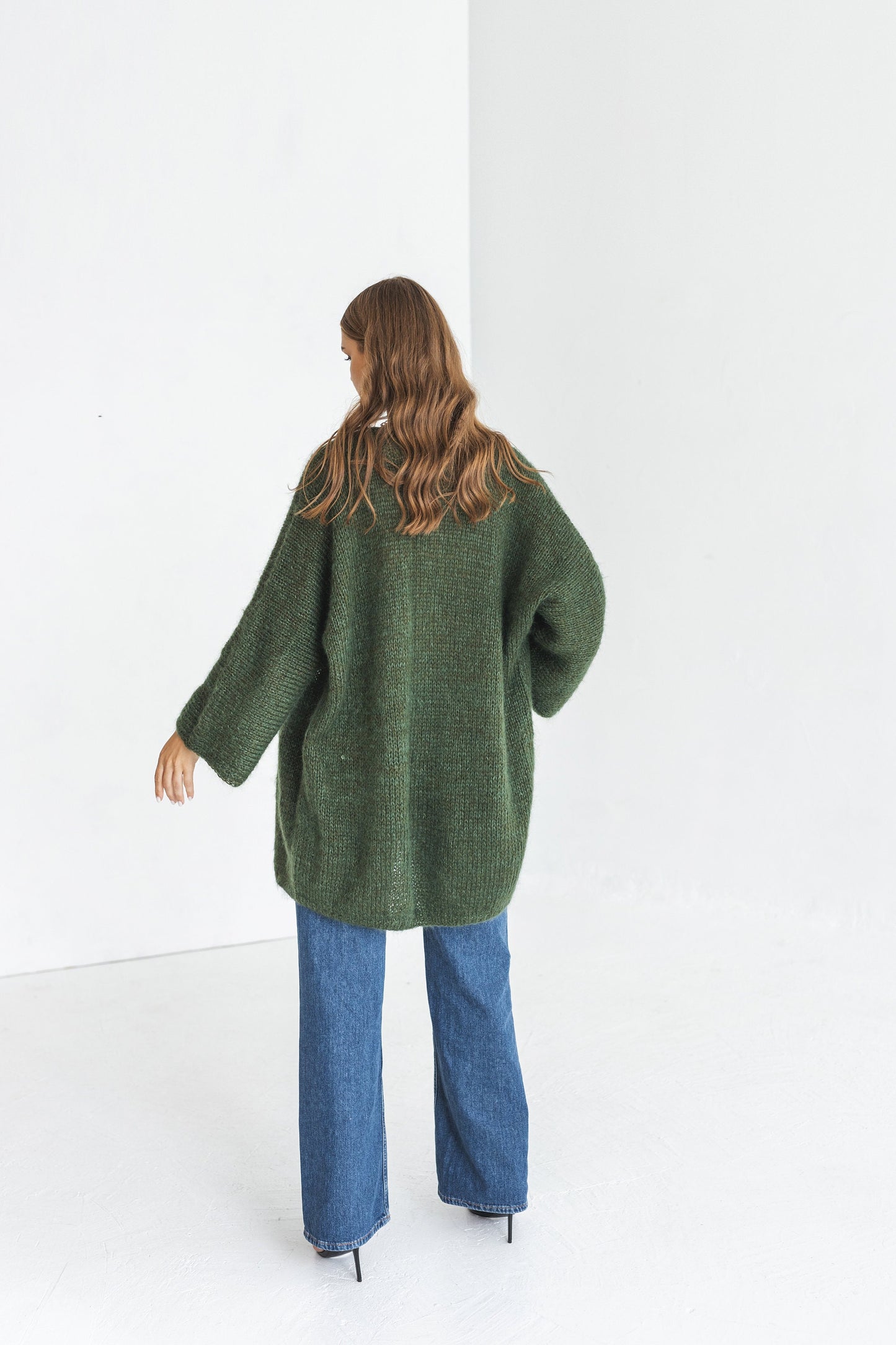 Green cable knit kimono mohair cardigan, oversized fluffy alpaca wool blend chunky knitted sweater, wide sleeves thick fuzzy jacket, gift