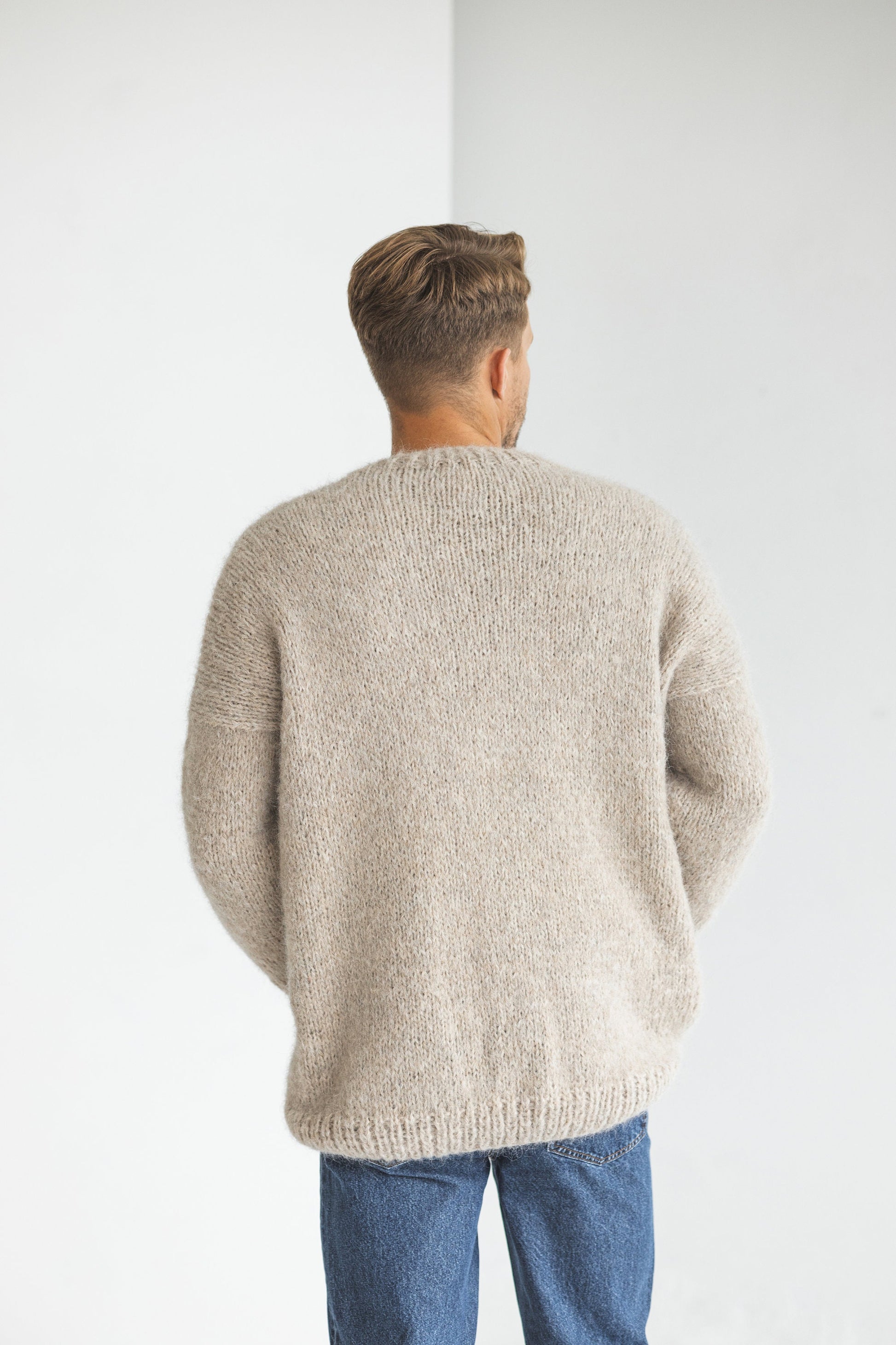 Mens knitted beige alpaca wool cardigan, pastel knit Scandinavian style sweater for man, minimalist jacket with buttons and pockets for men