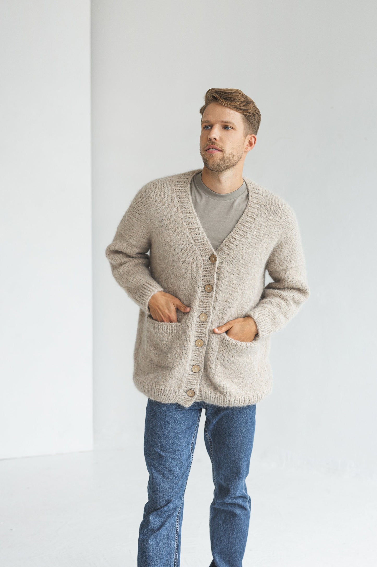 Mens knitted beige alpaca wool cardigan, pastel knit Scandinavian style sweater for man, minimalist jacket with buttons and pockets for men