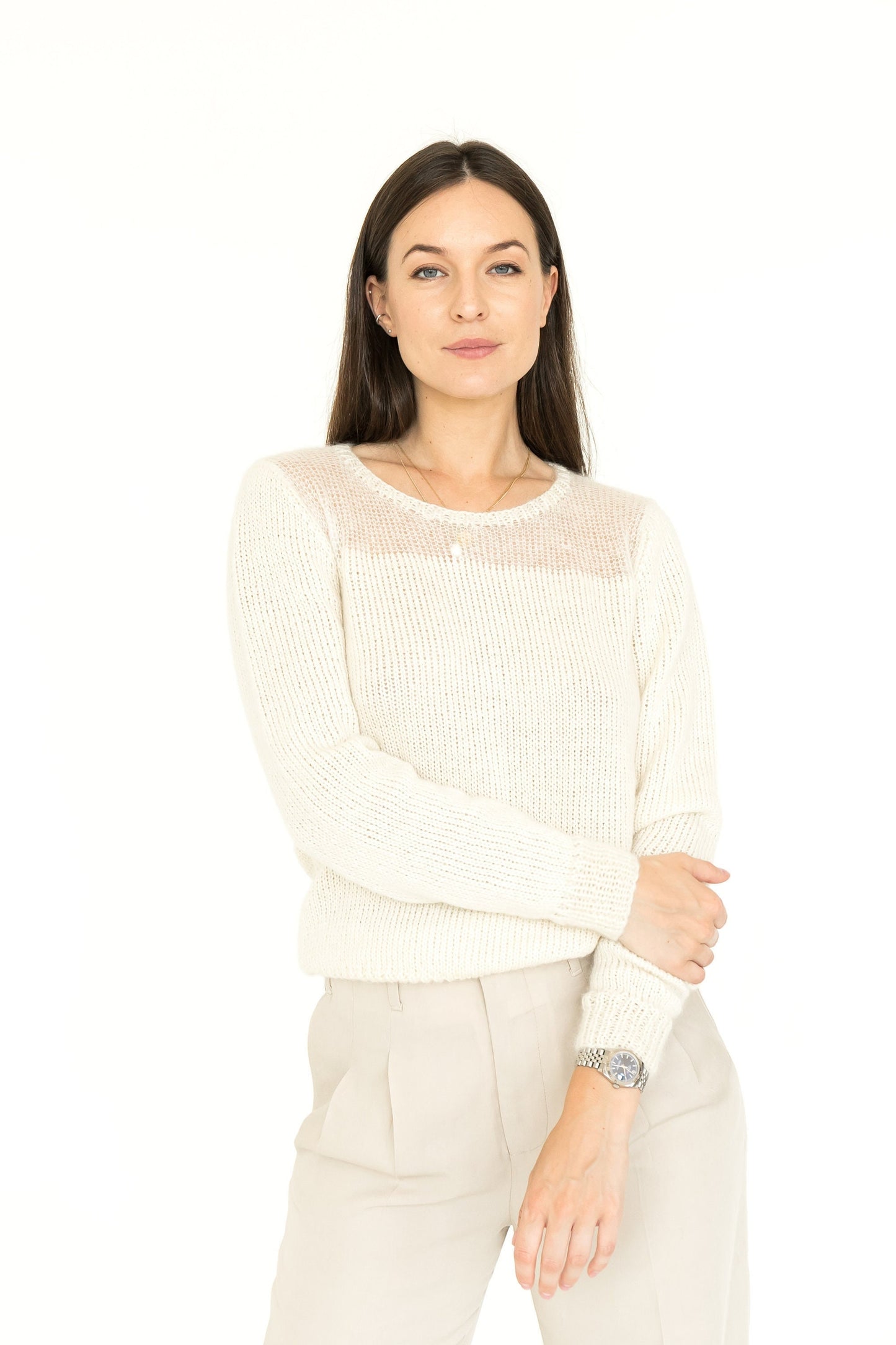 White fitted cable knit mohair blend jumper, ivory alpaca wool short hand knitted sweater, milky high-waisted handmade fall pullover, gift