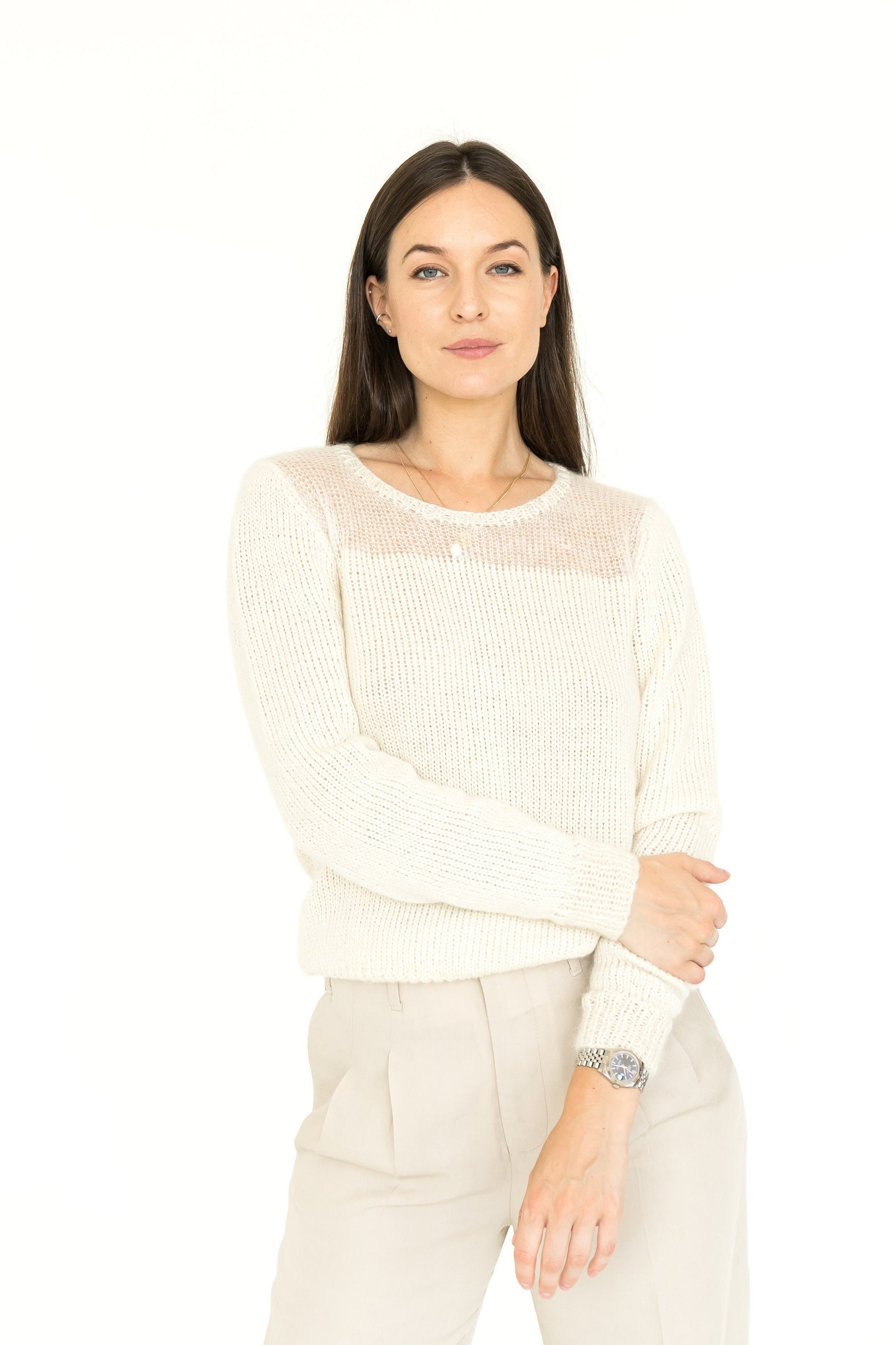 White fitted cable knit mohair blend jumper, ivory alpaca wool short hand knitted sweater, milky high-waisted handmade fall pullover, gift