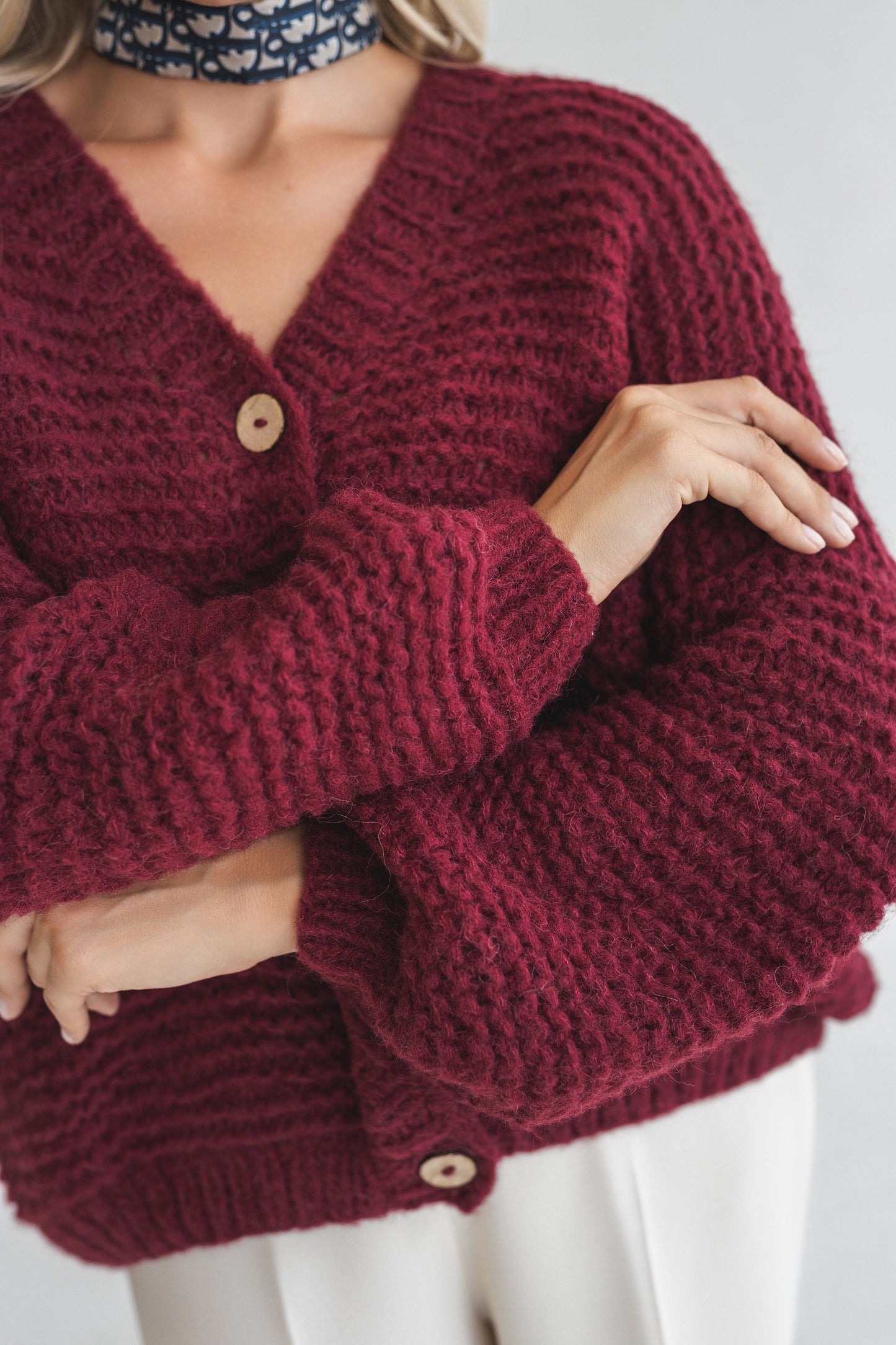 Bordeaux alpca wool cable knit cardigan with buttons, chunky knitted oversize sweater with balloon sleeves, burgundy wine jacket for women