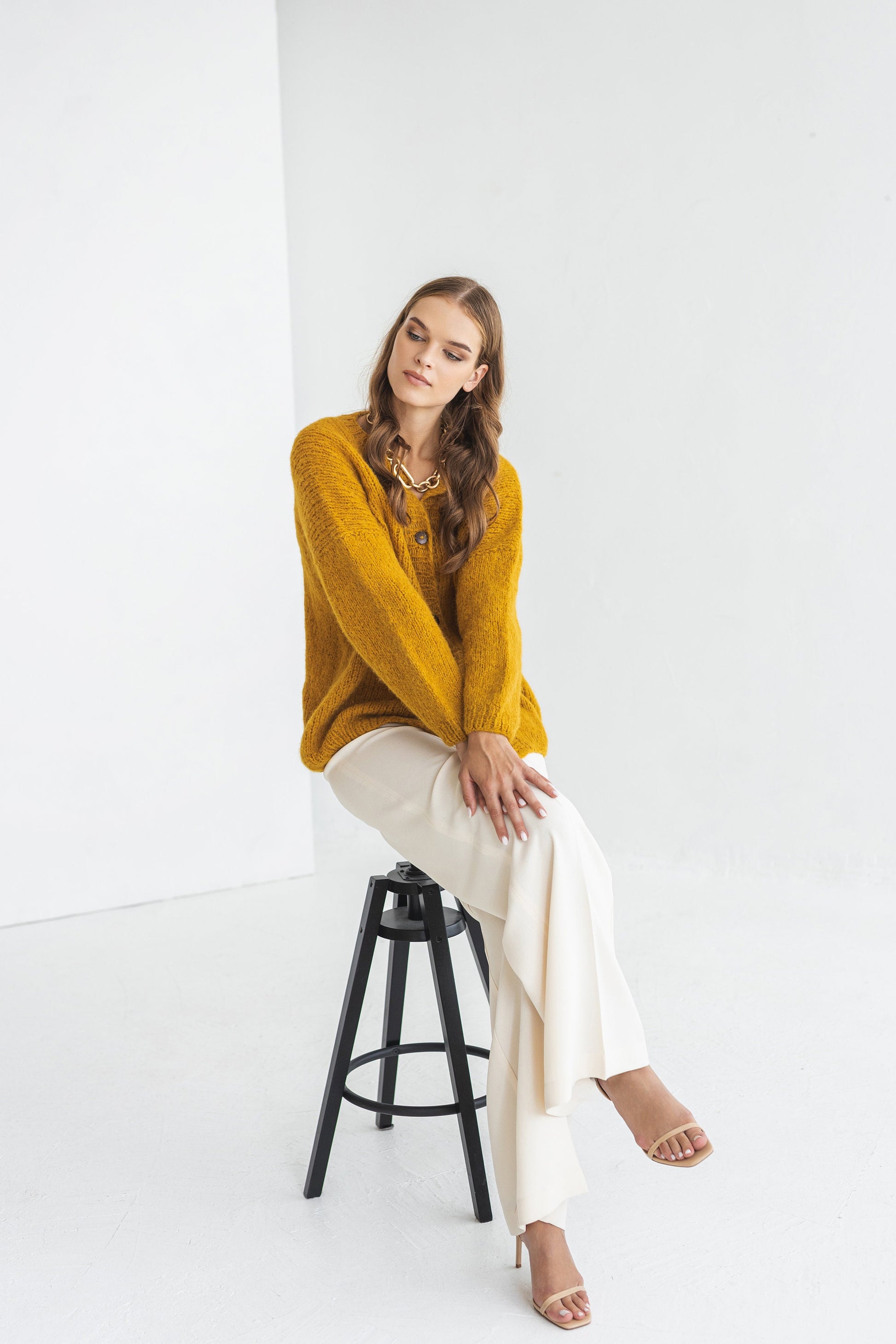 Mustard Yellow Alpaca Wool Cardigan With Buttons, Curry Cable Knit Lightweight Sweater, Slightly Oversized Minimalist Classy Women Gilet