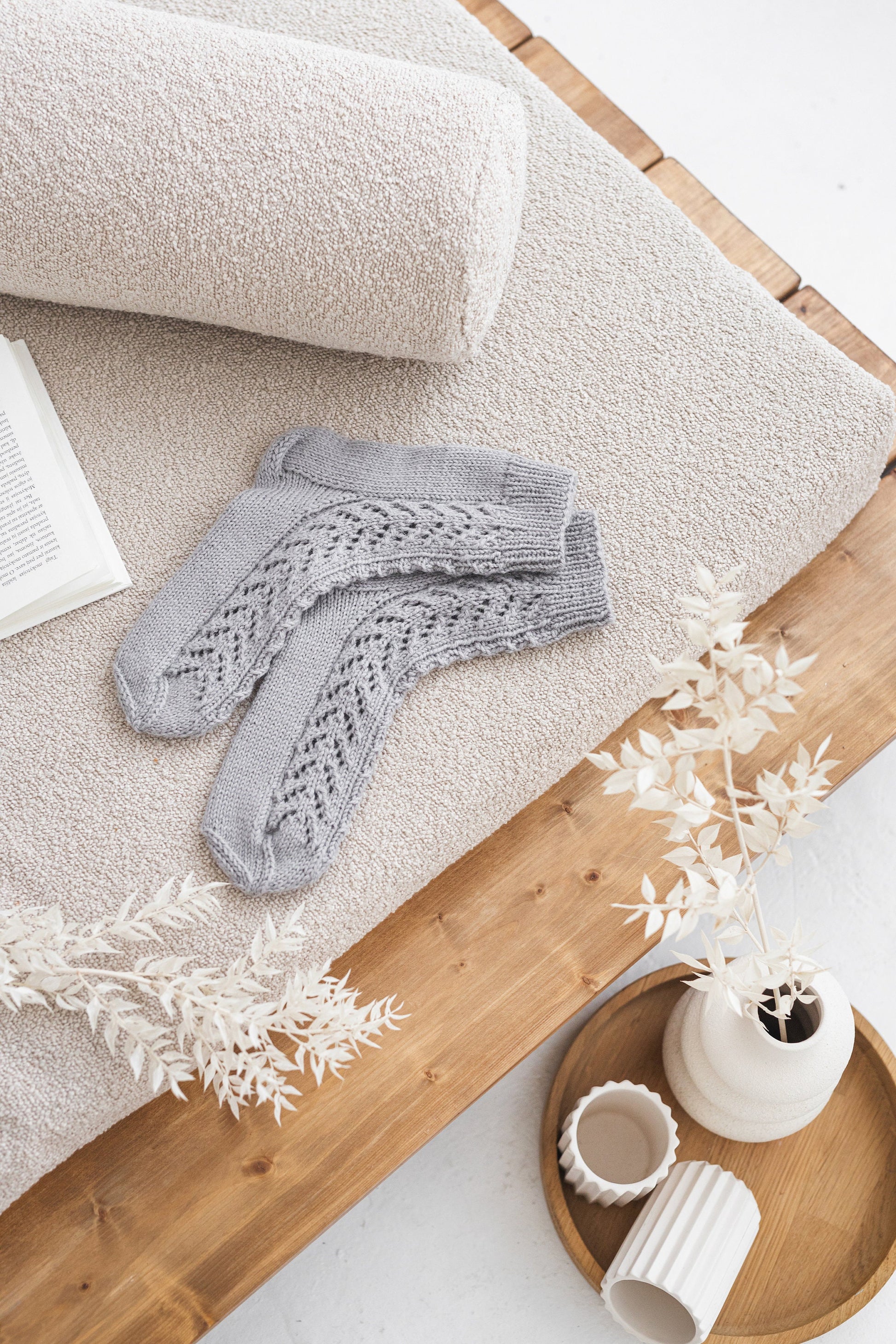 Knitted alpaca wool socks for woman, hand made cable knit gray boots socks with ornaments, handmade woollen socks for women, gift for friend