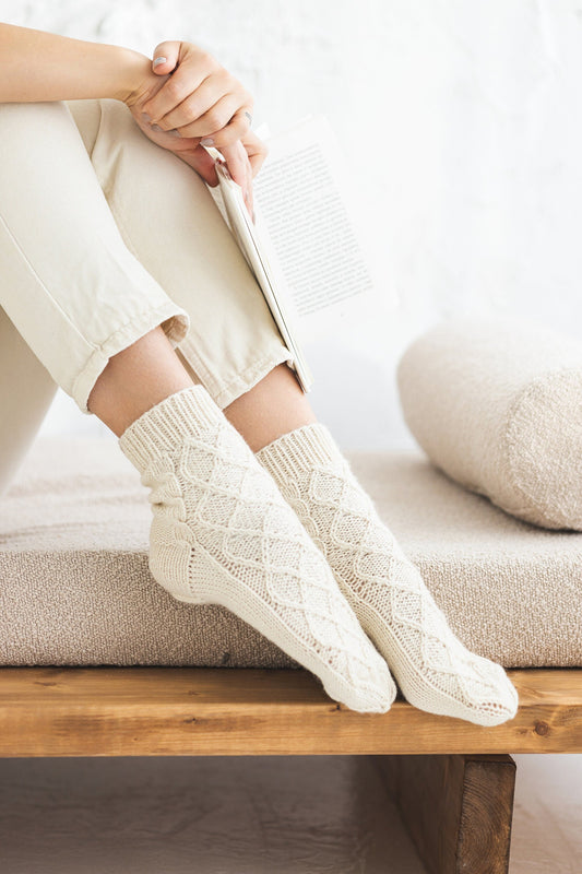 Handmade alpaca and wool socks, women&#39;s cable knit white boots socks with ornaments, knitted woollen socks for woman, gift for mother