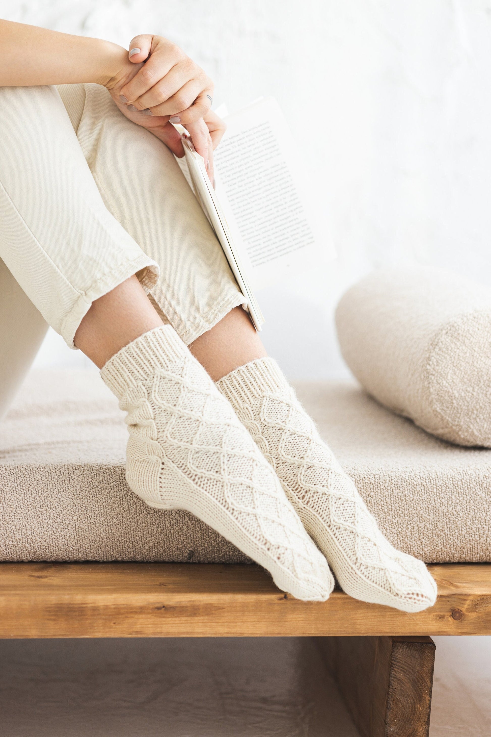 Handmade alpaca and wool socks, women&#39;s cable knit white boots socks with ornaments, knitted woollen socks for woman, gift for mother