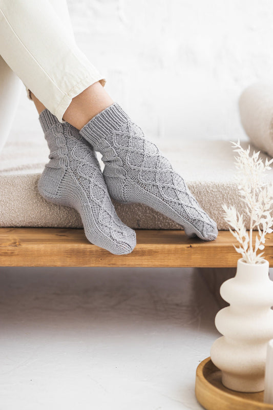 Knitted alpaca wool socks for woman, hand made cable knit gray boots socks with ornaments, handmade woollen socks for women, gift for friend