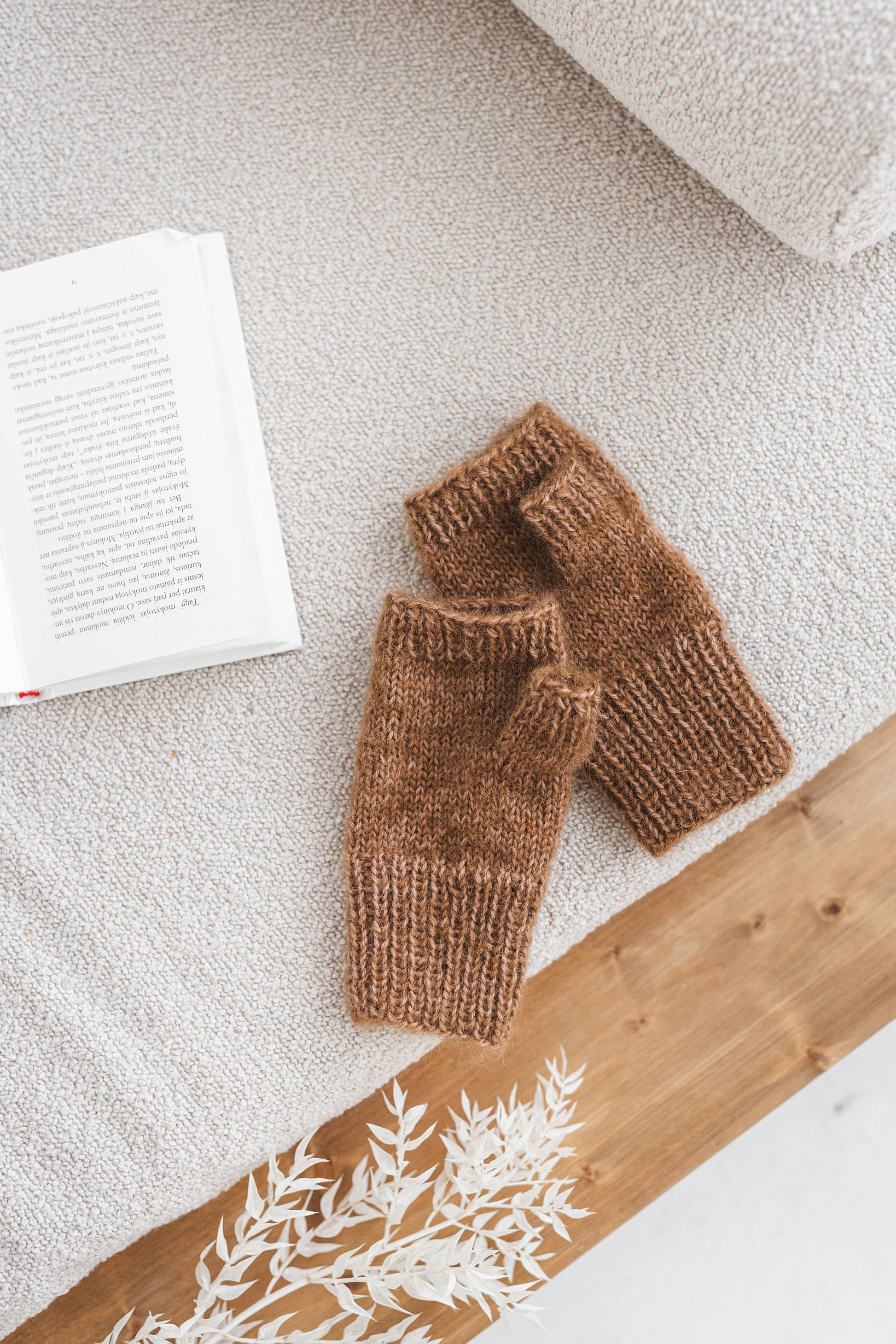 Brown mohair cable knit fingerless mittens, camel taupe women knitted gloves, handmade alpaca wool hand warmers, almond wrist warmer, gift