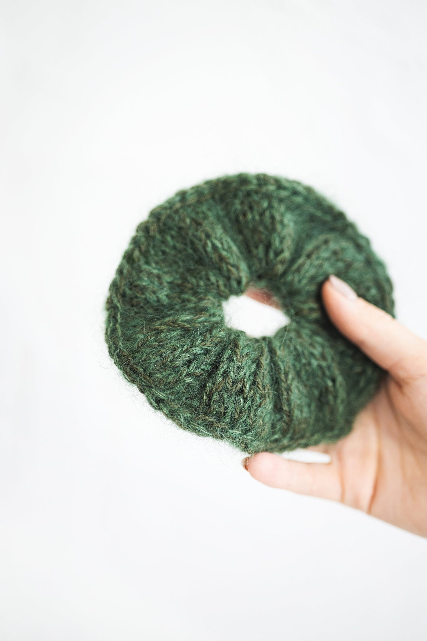 Green mohair cable knit hair scrunchies, fluffy women&#39;s knitted ties, handmade alpaca wool hair accessories for woman, gift for friend