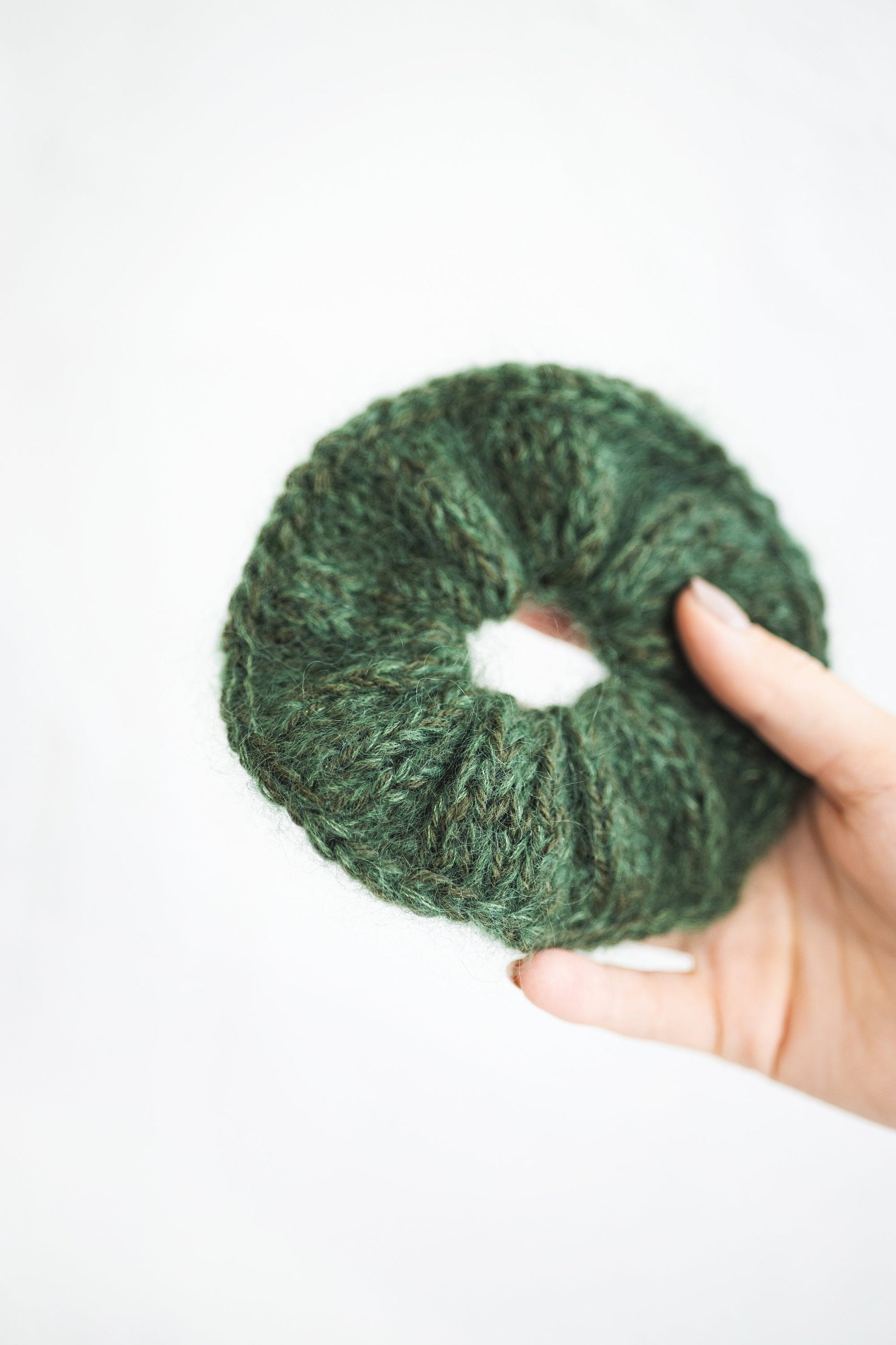 Green mohair cable knit hair scrunchies, fluffy women&#39;s knitted ties, handmade alpaca wool hair accessories for woman, gift for friend