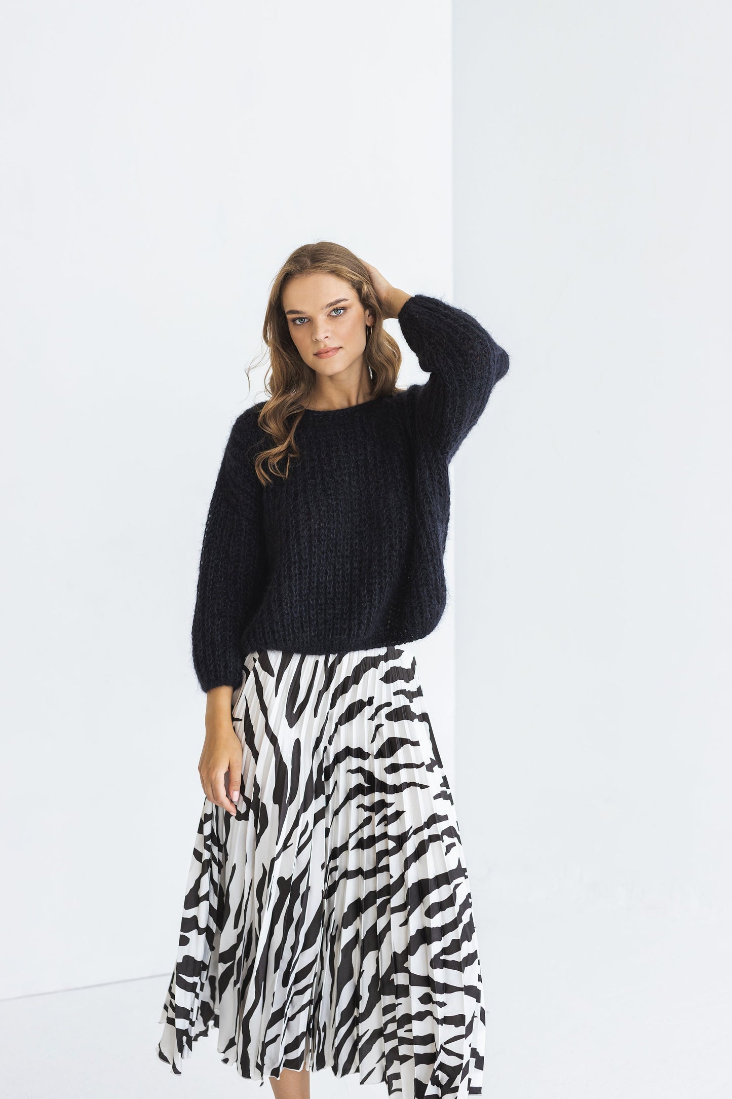 Black mohair hand knitted fluffy sweater, boat neck alpaca wool blend jumper, fuzzy cable knit pullover,slightly oversized ribbed thick pull