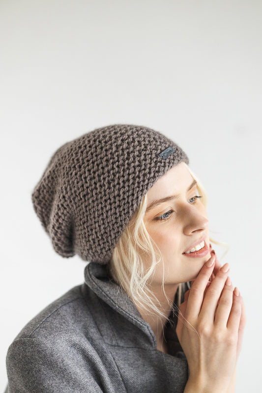 Brown taupe cable knit alpaca wool slouchy beanie, mocha women&#39;s handmade super chunky knitted winter hat, handcrafted cap for woman, gift