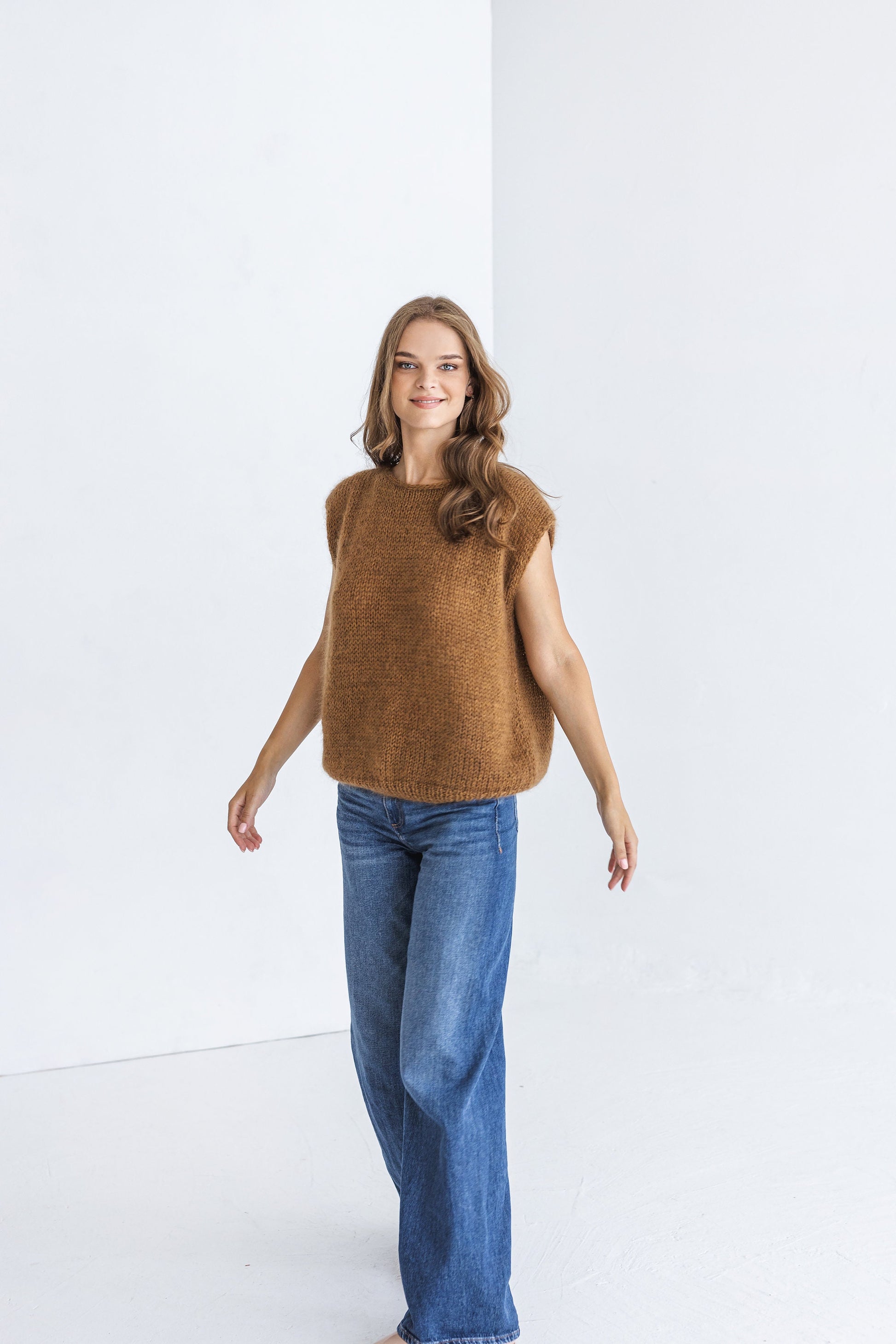 Brown Mohair Cable Knit Sweater Vest, Chunky Knitted Tank Top, French Beige Handcrafted Gilet For Women, Camel Taupe Boat Neck Winter Vest