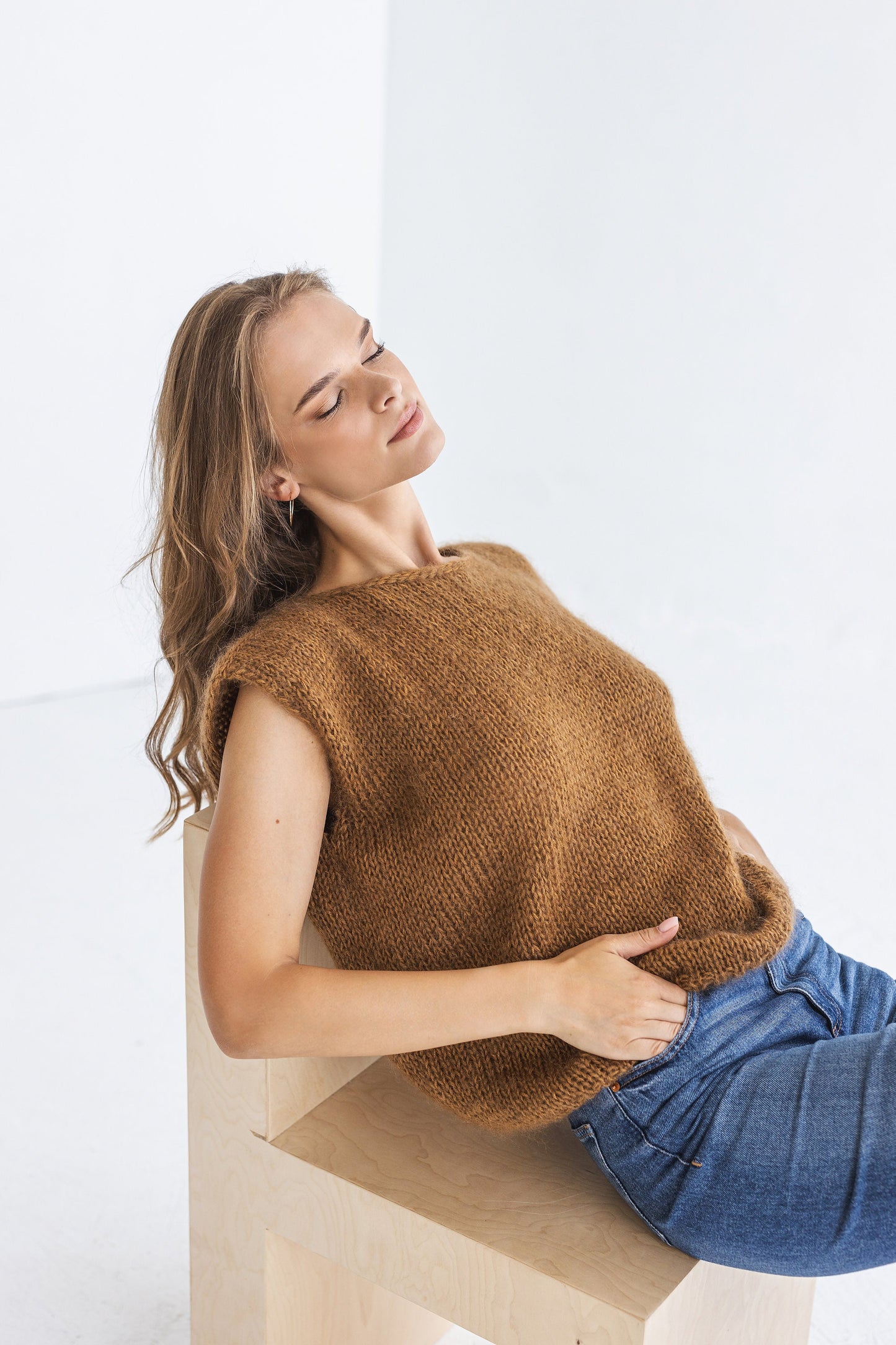 Brown Mohair Cable Knit Sweater Vest, Chunky Knitted Tank Top, French Beige Handcrafted Gilet For Women, Camel Taupe Boat Neck Winter Vest