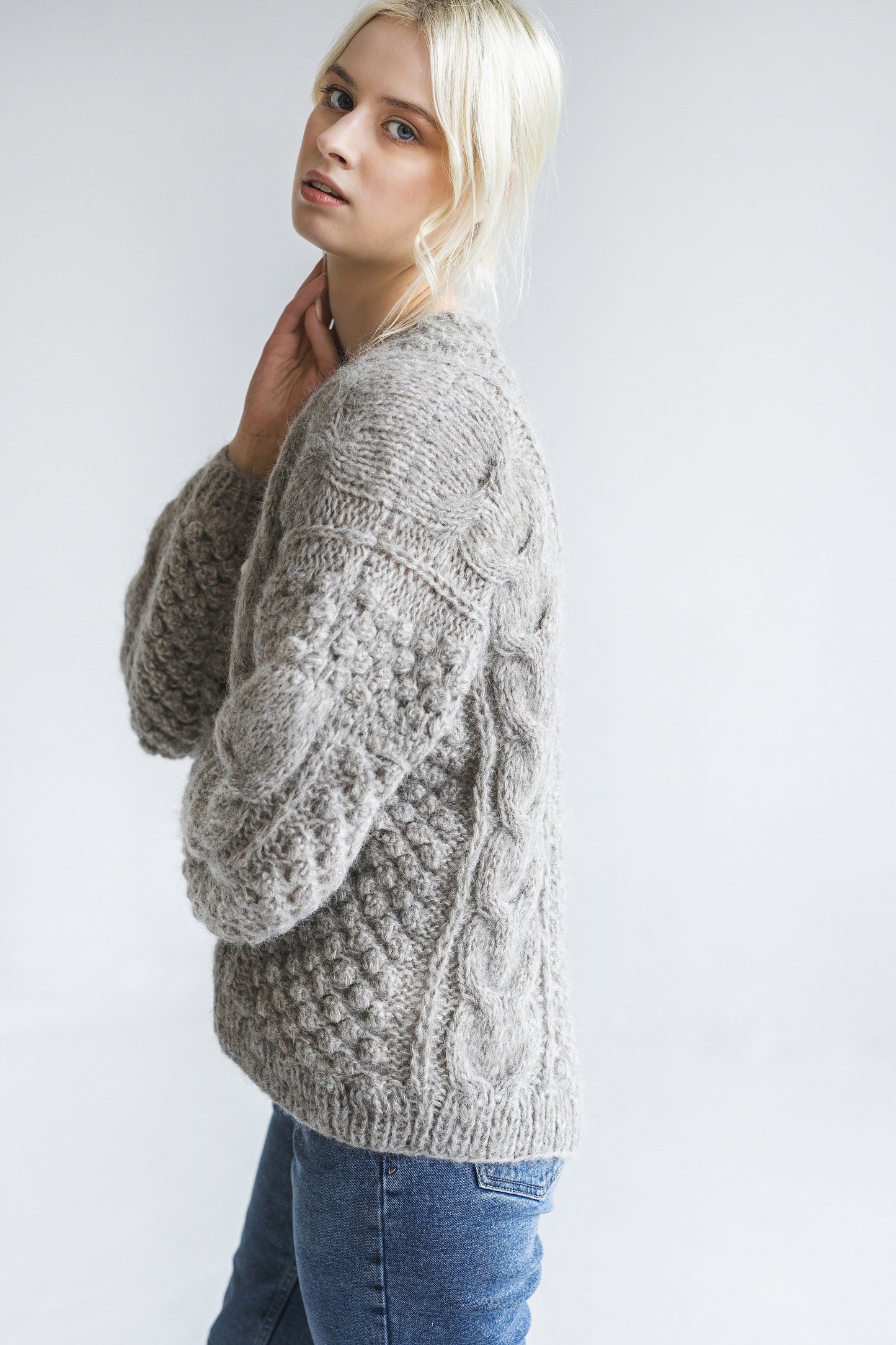 Gray Alpaca Wool Cardigan, Grey Cable Knit Lightweight Sweater, Slightly Oversized Minimalist Classy Women Gilet, Wedding Knitted Jacket