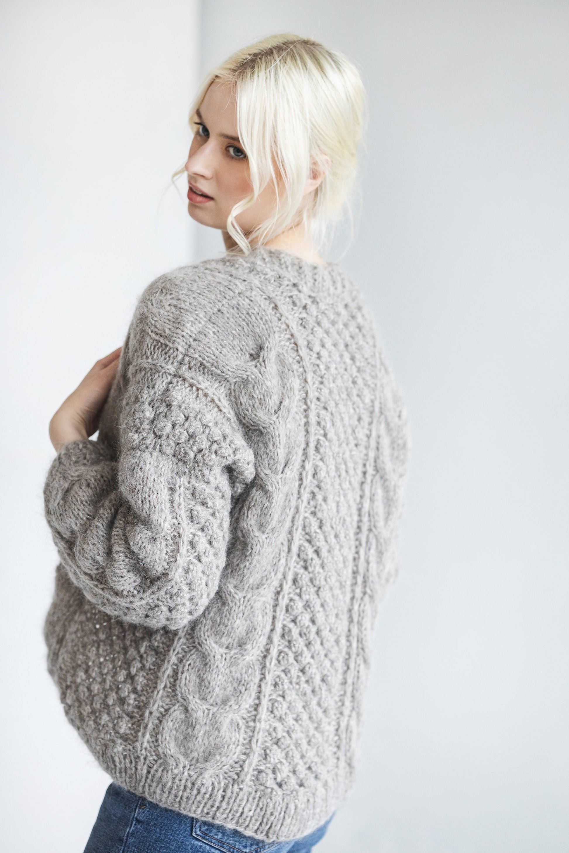 Gray Alpaca Wool Cardigan, Grey Cable Knit Lightweight Sweater, Slightly Oversized Minimalist Classy Women Gilet, Wedding Knitted Jacket