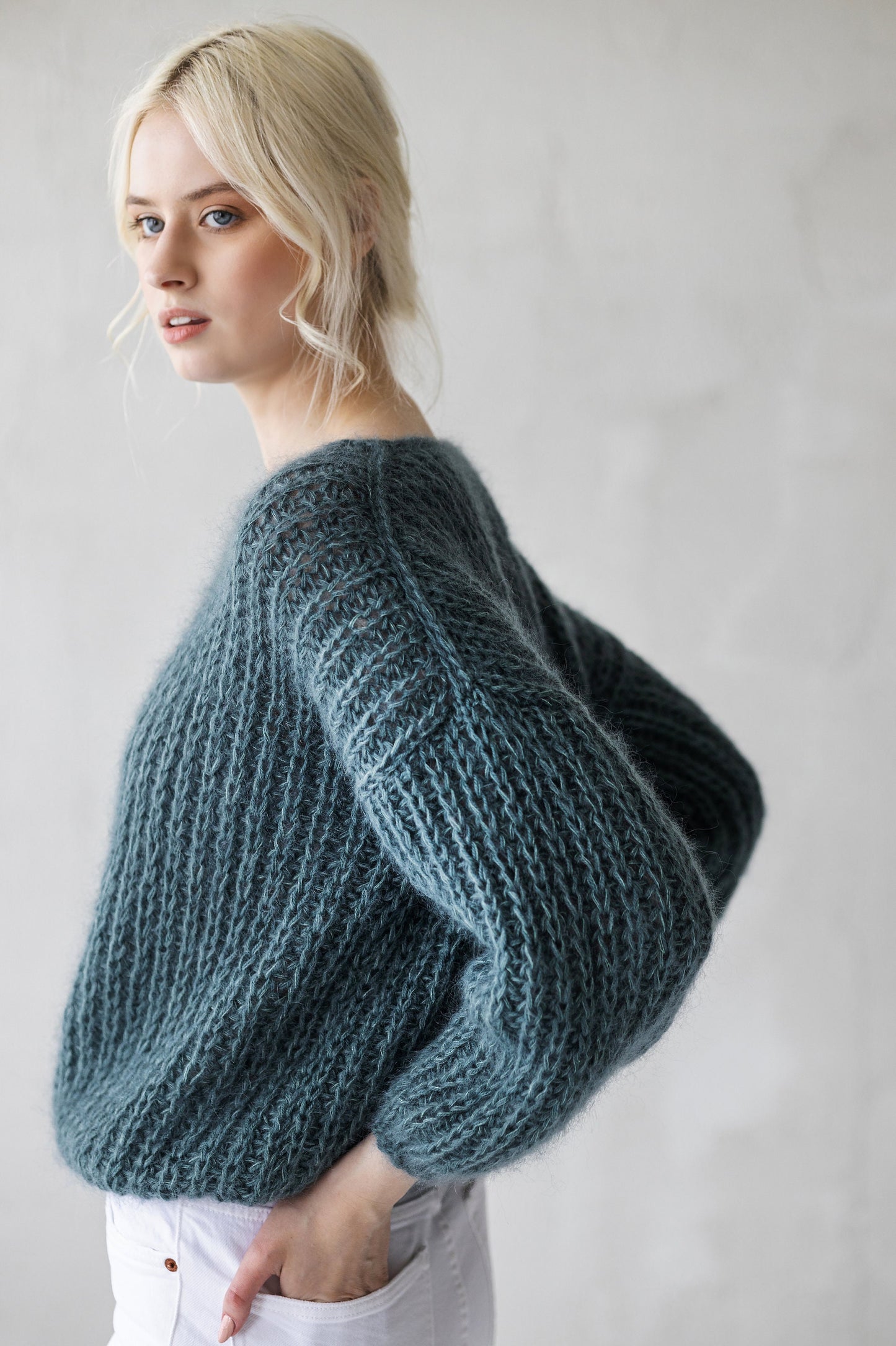 Green mohair hand knitted fluffy sweater, sea green women&#39;s alpaca wool jumper, teal fuzzy cable knit pullover, oversized thick puller woman