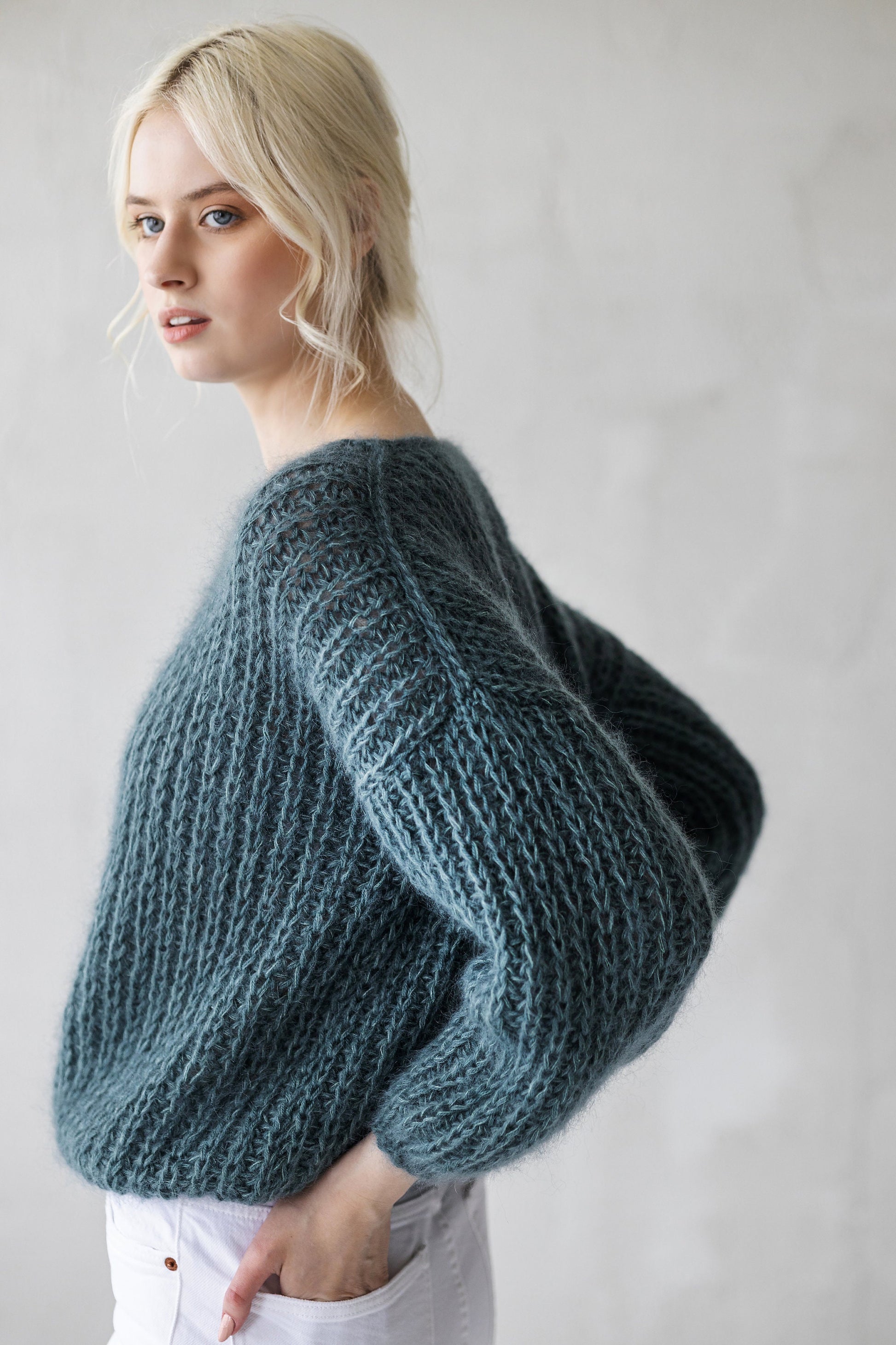 Green mohair hand knitted fluffy sweater, sea green women&#39;s alpaca wool jumper, teal fuzzy cable knit pullover, oversized thick puller woman