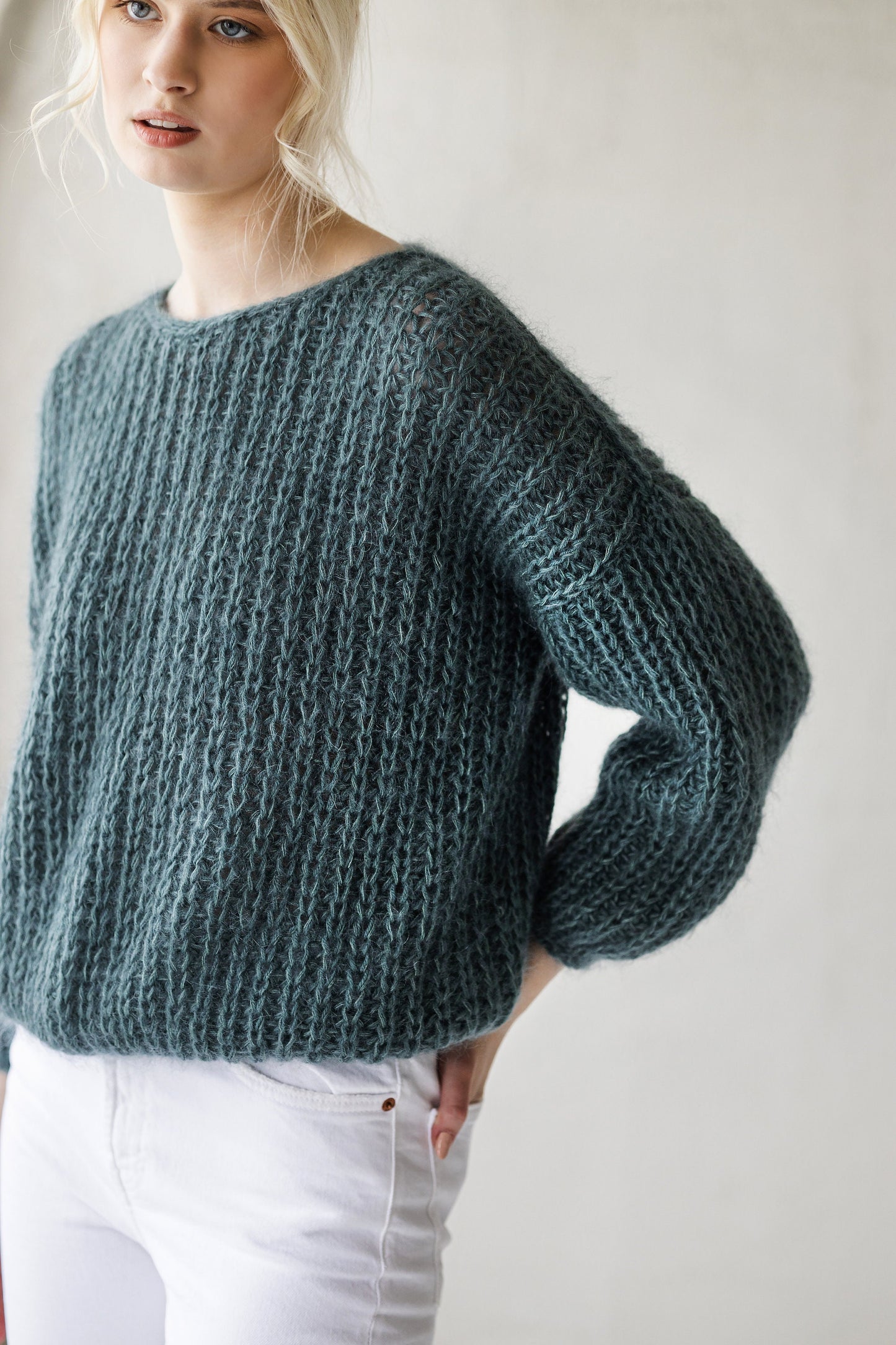 Green mohair hand knitted fluffy sweater, sea green women&#39;s alpaca wool jumper, teal fuzzy cable knit pullover, oversized thick puller woman