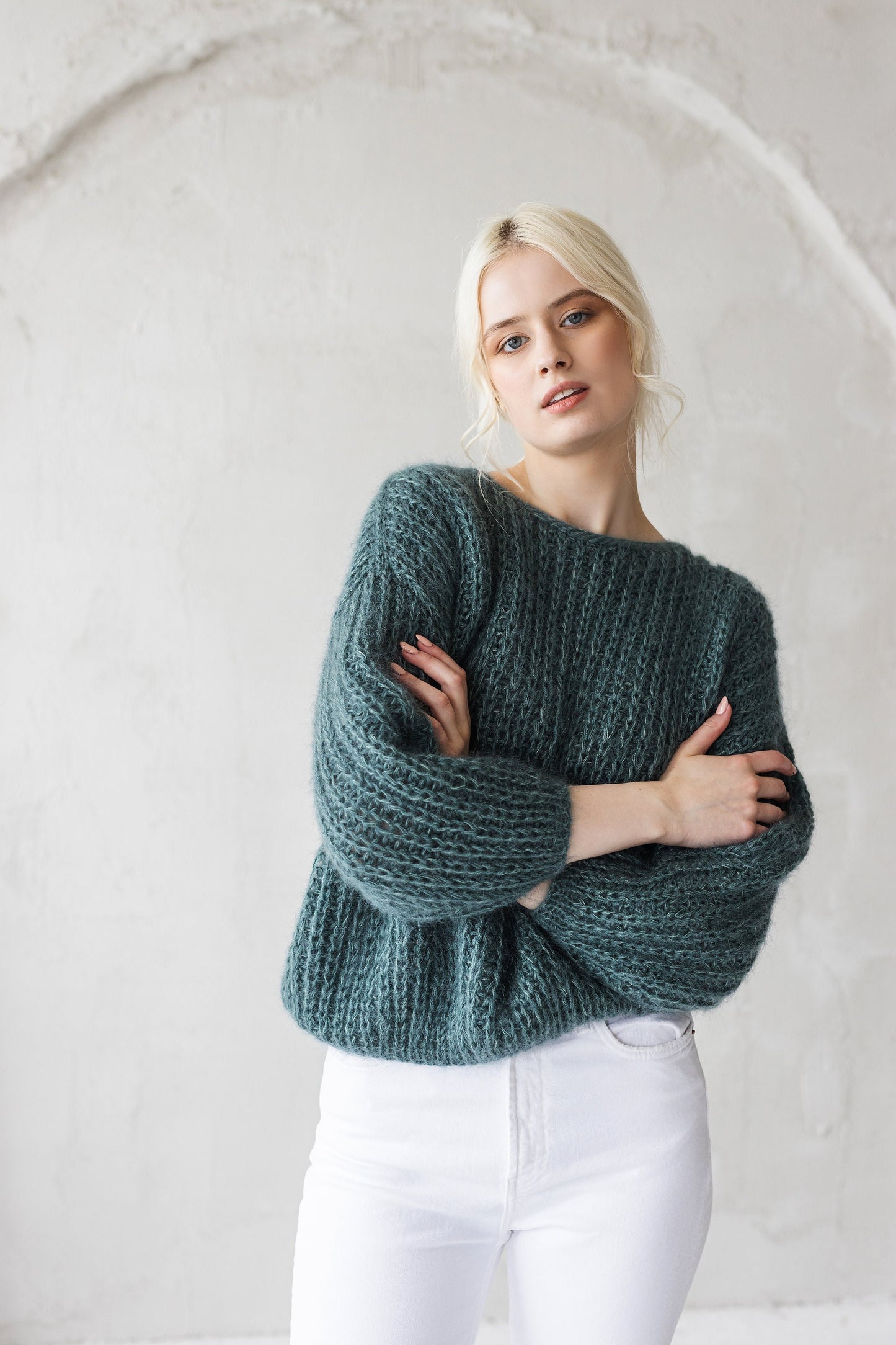 Green mohair hand knitted fluffy sweater, sea green women&#39;s alpaca wool jumper, teal fuzzy cable knit pullover, oversized thick puller woman