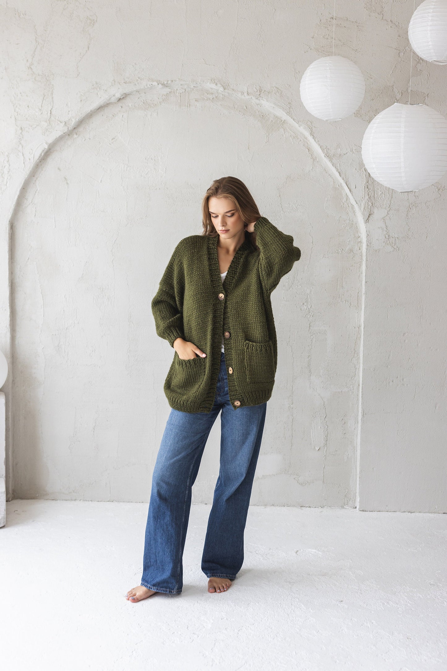 Green chunky knit wool cardigan with pockets and buttons, army green oversized hand knitted sweater, olive green cable knit jacket for women