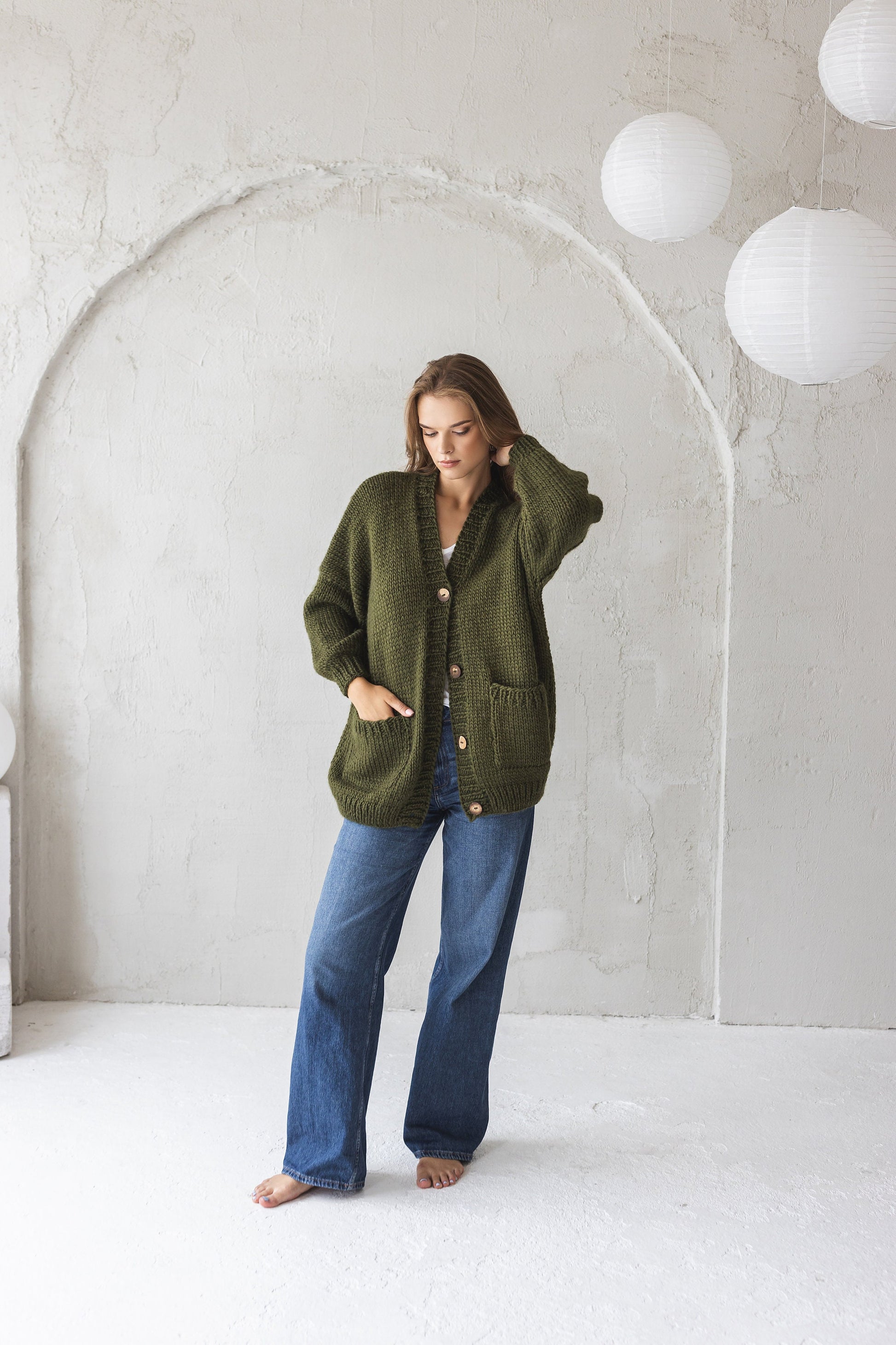 Green chunky knit wool cardigan with pockets and buttons, army green oversized hand knitted sweater, olive green cable knit jacket for women