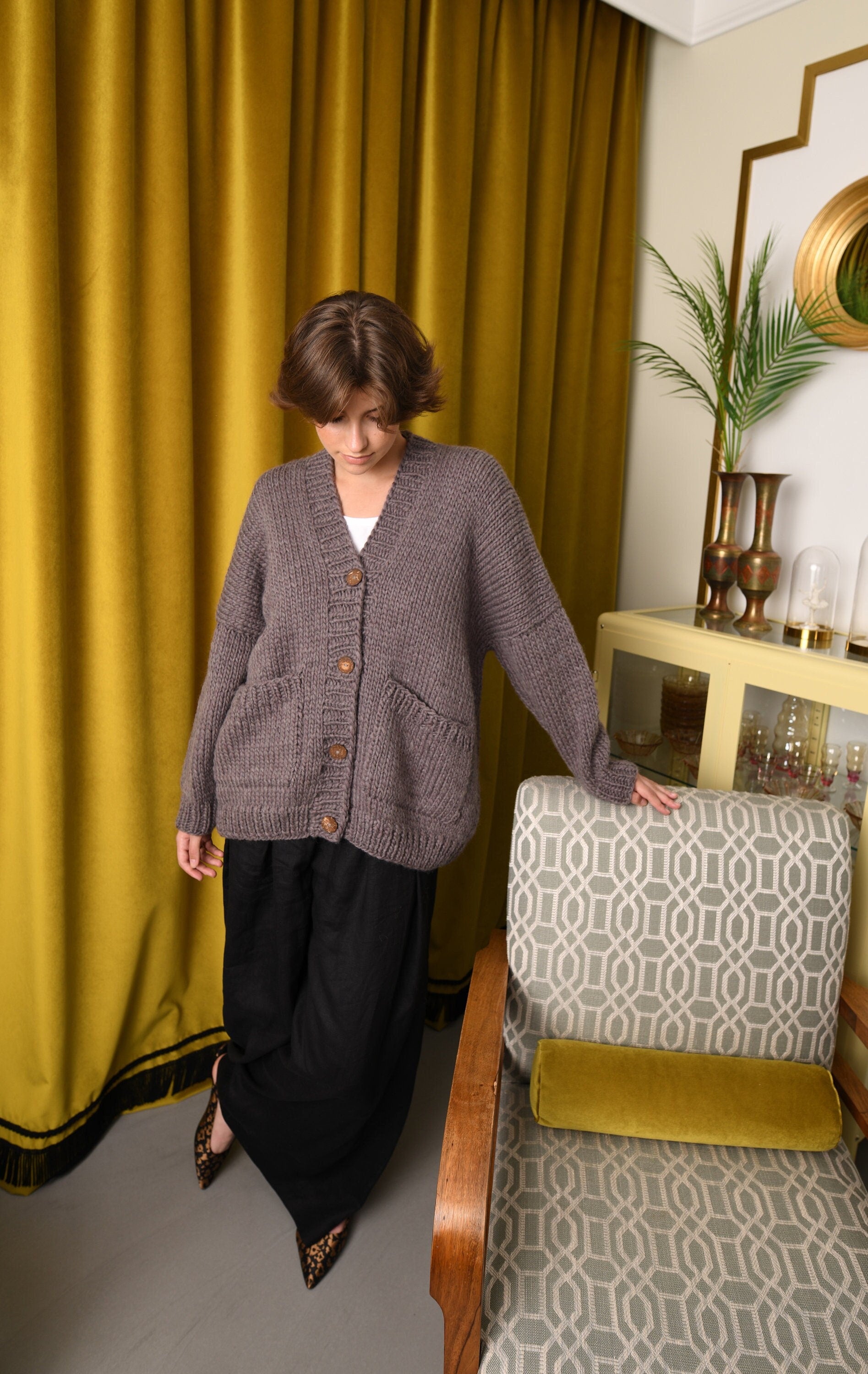 Brown Wool Cardigan With Buttons And Deep Pockets, Mocha Beige Oversized Cardigan, Minimalist Chunky Cardigan, Cable Knit Cardigan For Women