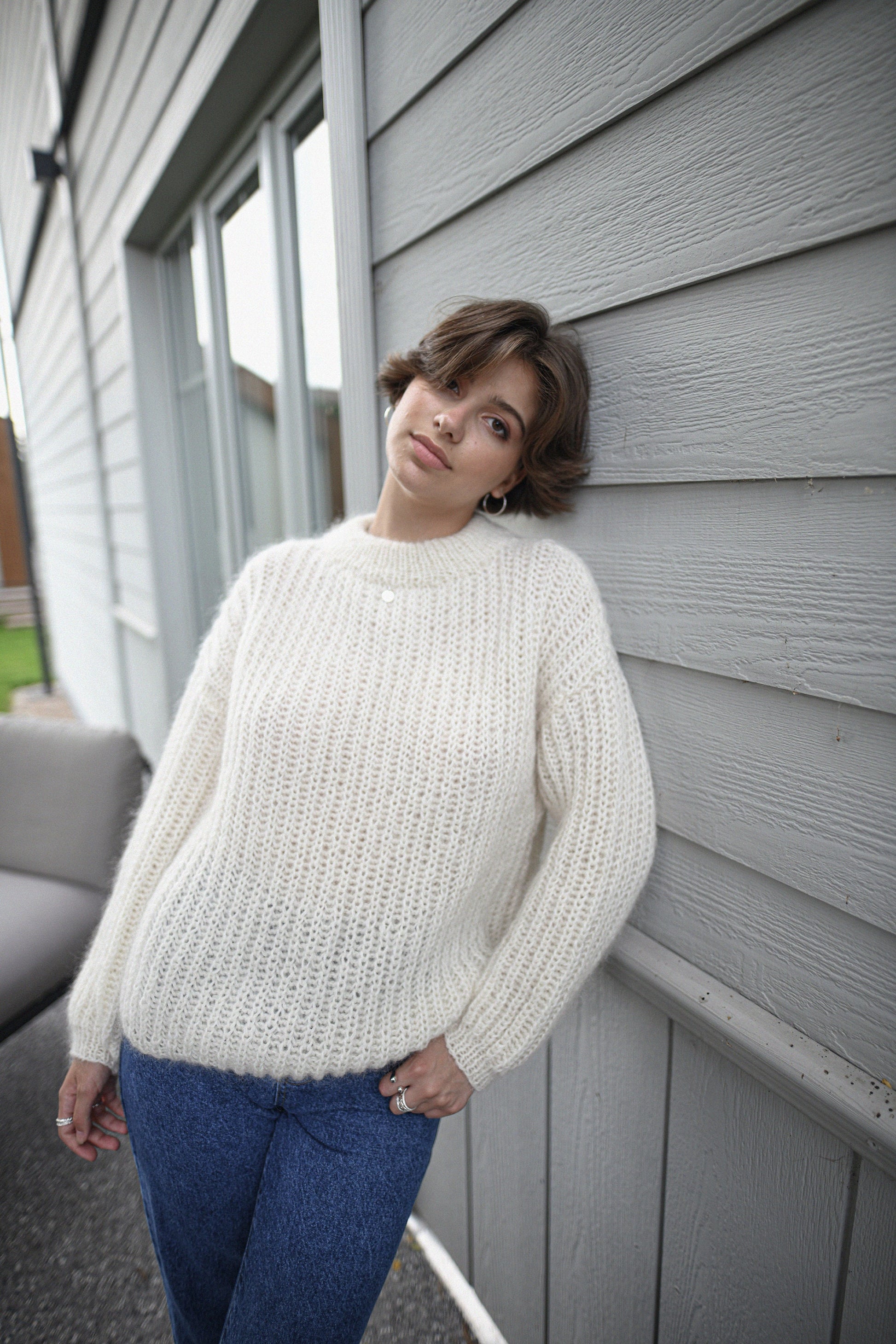 White oversized cable knit mohair sweater, ivory fuzzy chunky knitted alpaca wool blend jumper, fluffy fisherman ribbed handmade pullover