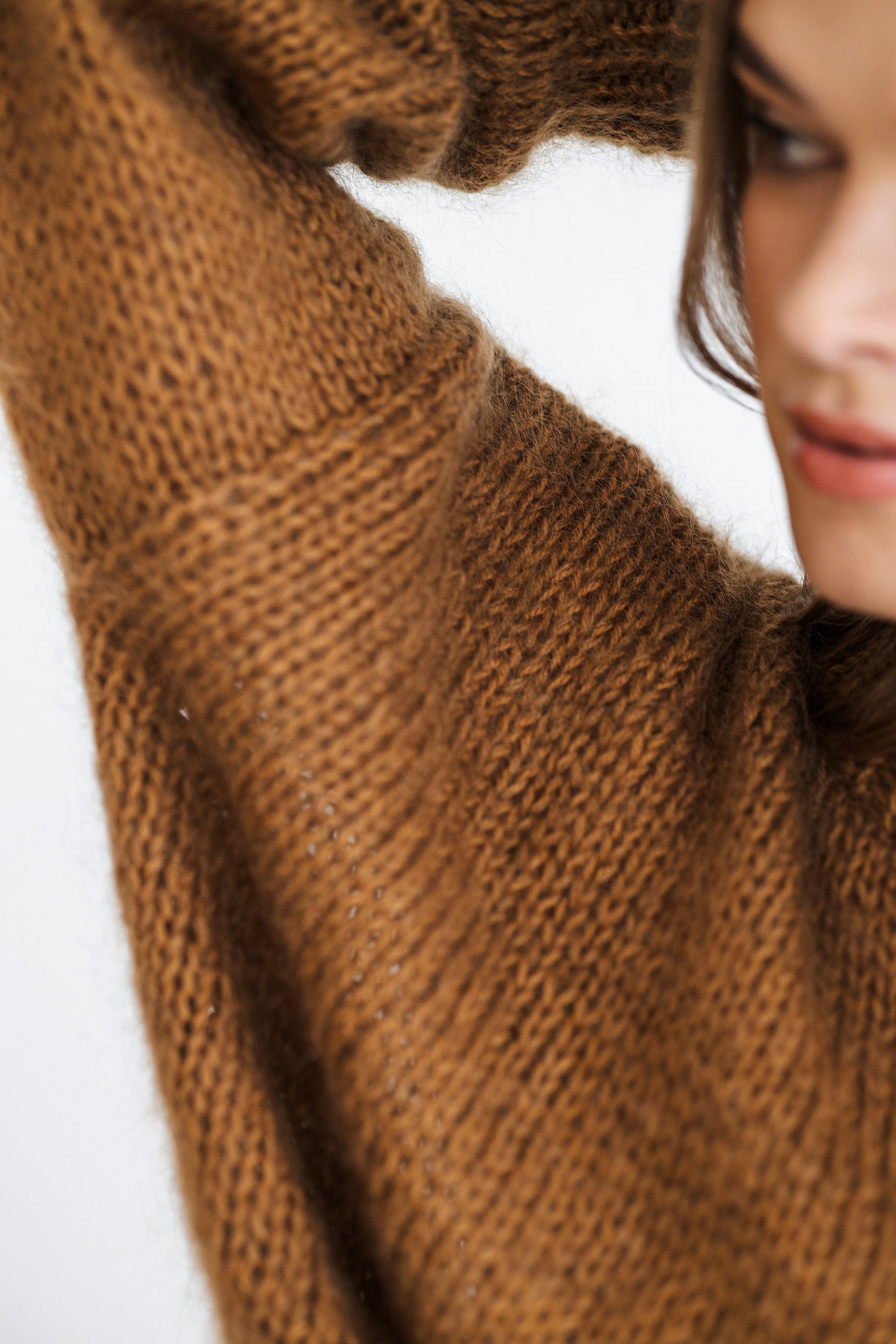Camel brown mohair knitted fluffy sweater, taupe alpaca wool blend jumper, caramel fuzzy cable knit pullover, slightly oversized thick pull