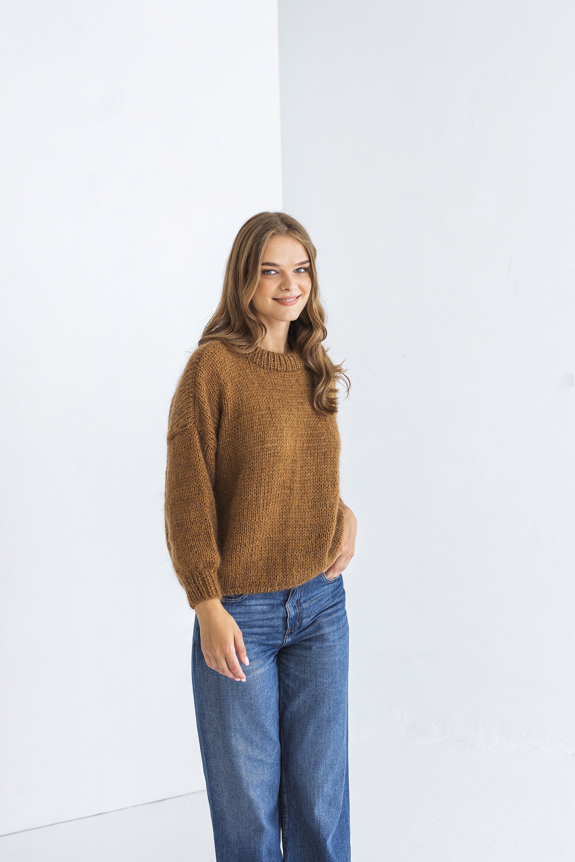 Camel brown mohair knitted fluffy sweater, taupe alpaca wool blend jumper, caramel fuzzy cable knit pullover, slightly oversized thick pull